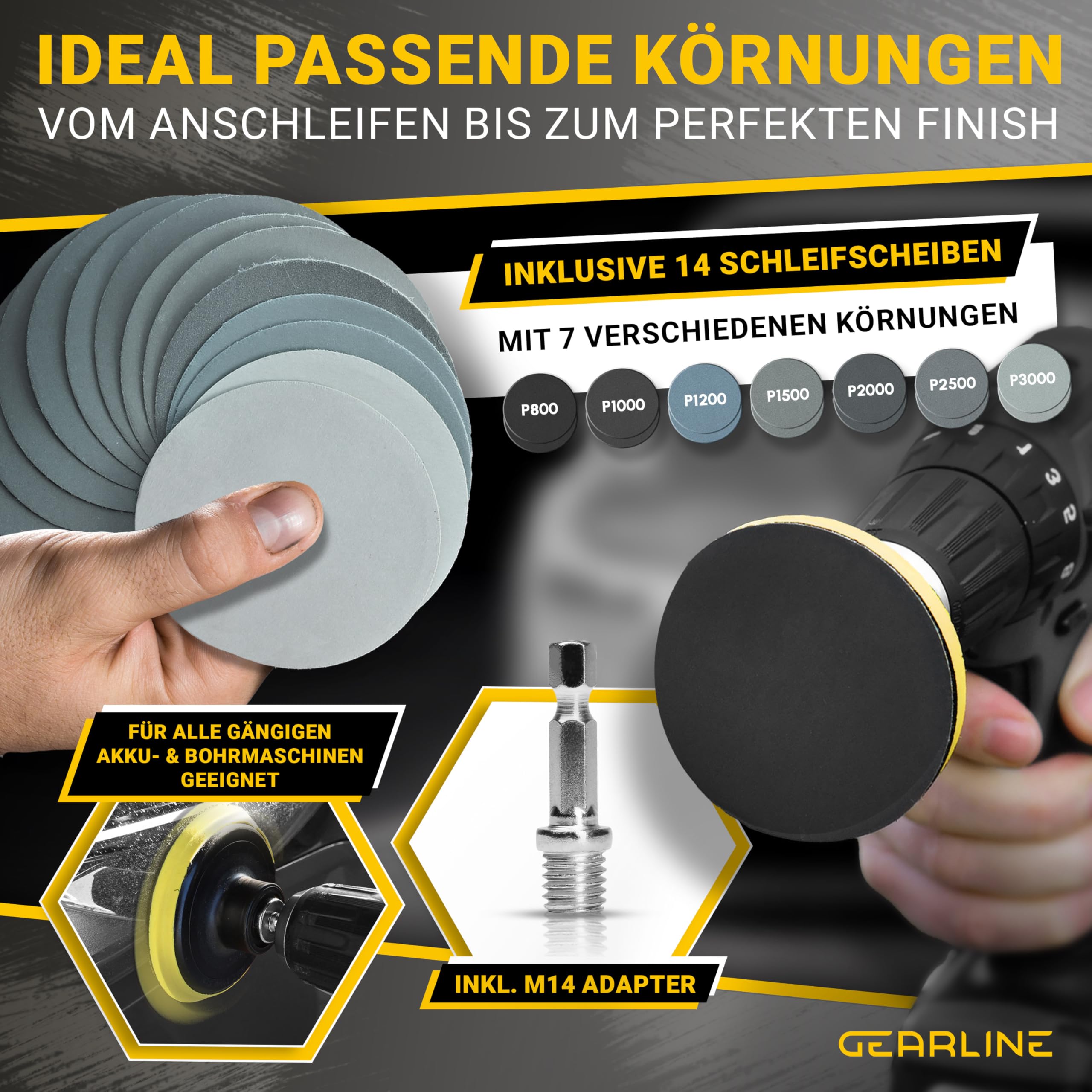 Scheinwerfer Aufbereitung Set [24 Teile] - Polierset für matte & blinde Scheinwerfer - Inkl. UV-Schutz, Polierpaste, Adapter & 14 Schleifscheiben - Auto Polierset zur Aufbereitung