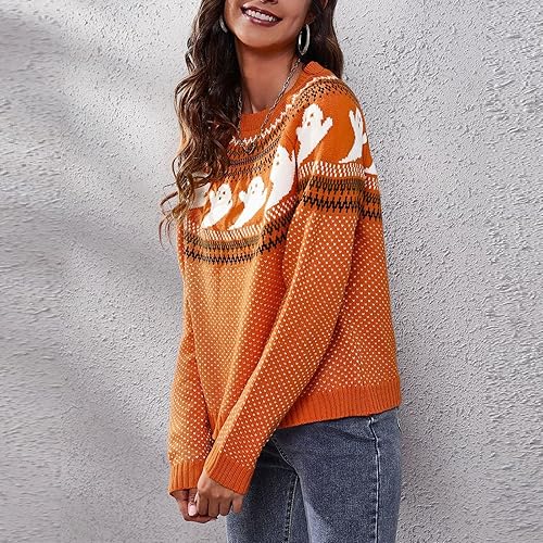 Miniatura 2 de Cocoarm Suéter de invierno para mujer, de punto básico, de manga larga, cuello redondo, casual, estampado de fantasmas de Halloween (XXL-naranja)