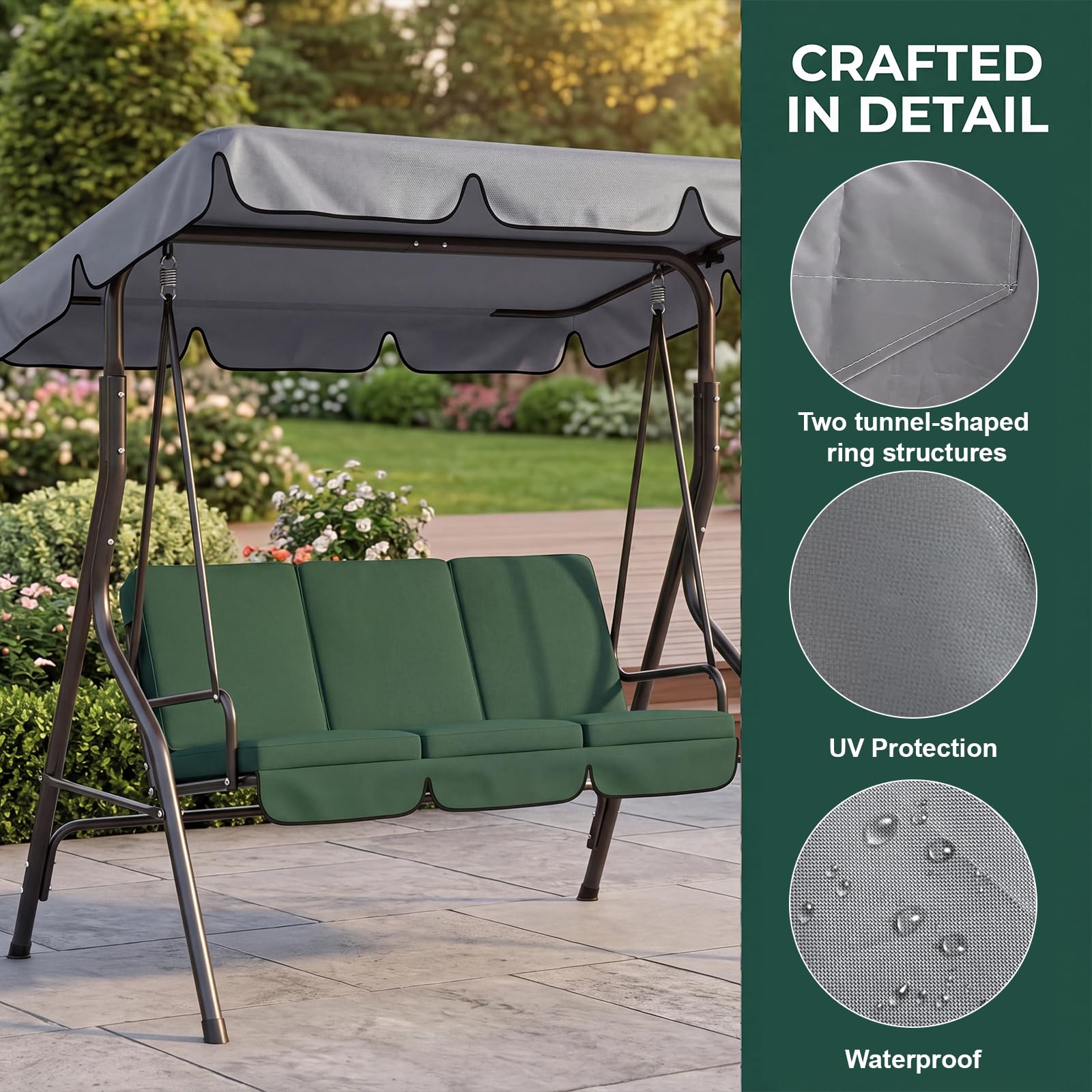 Toit de Rechange pour Balancelle de Jardin 210 x 145 x 18CM, Auvent Imperméable de Rechange, Bâche de Toit pour Balancelle de Jardin, pour Balancelle Hollywoodienne, Gris, Anti-UV