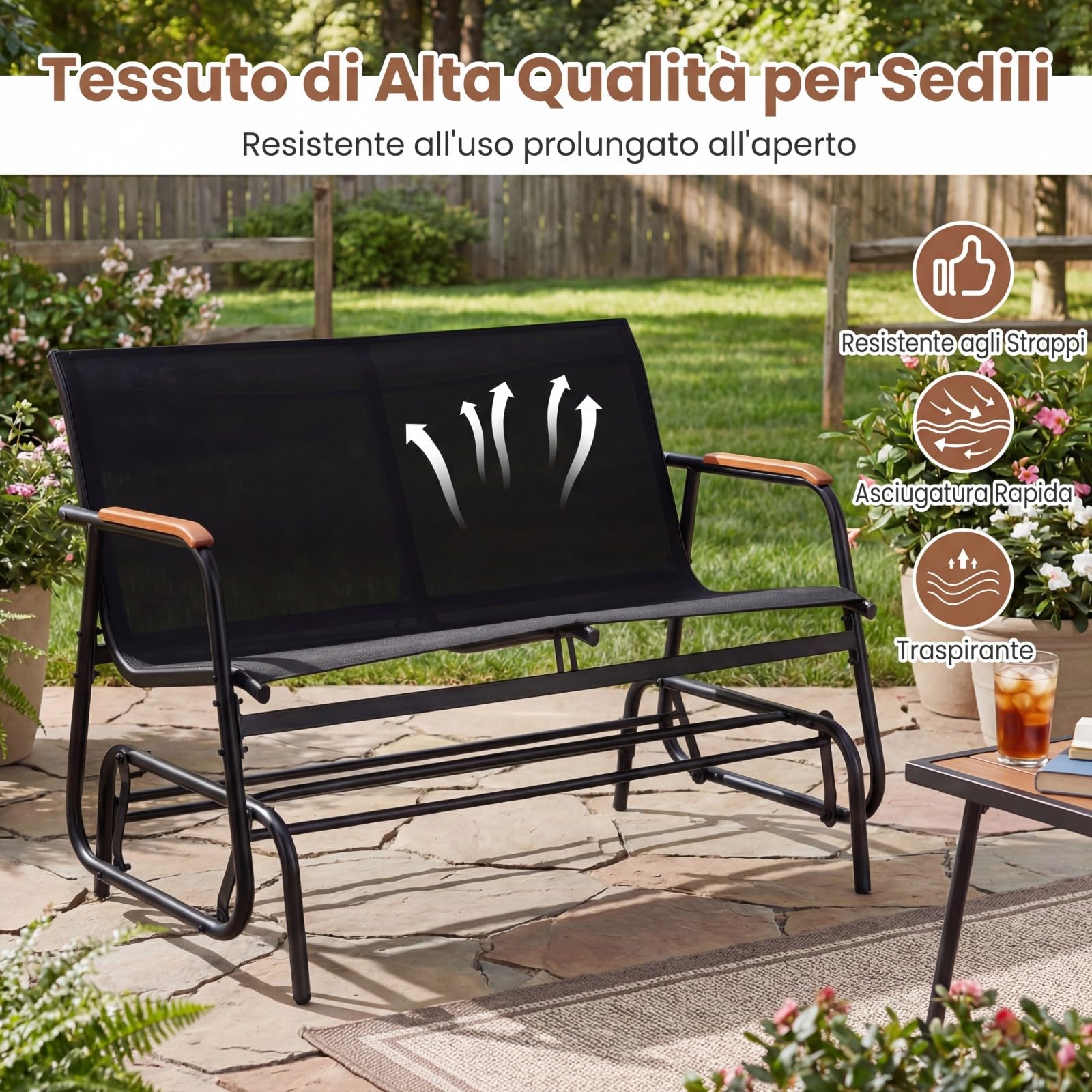 COSTWAY Panca a Dondolo da Esterno, Panchina a 2/3 Posti da Giardino con Movimento Oscillante, Braccioli Curvi in Legno, Sedia a Dondolo per Veranda, Giardino, Portata 300KG/450KG (Nero, 2 Posti)