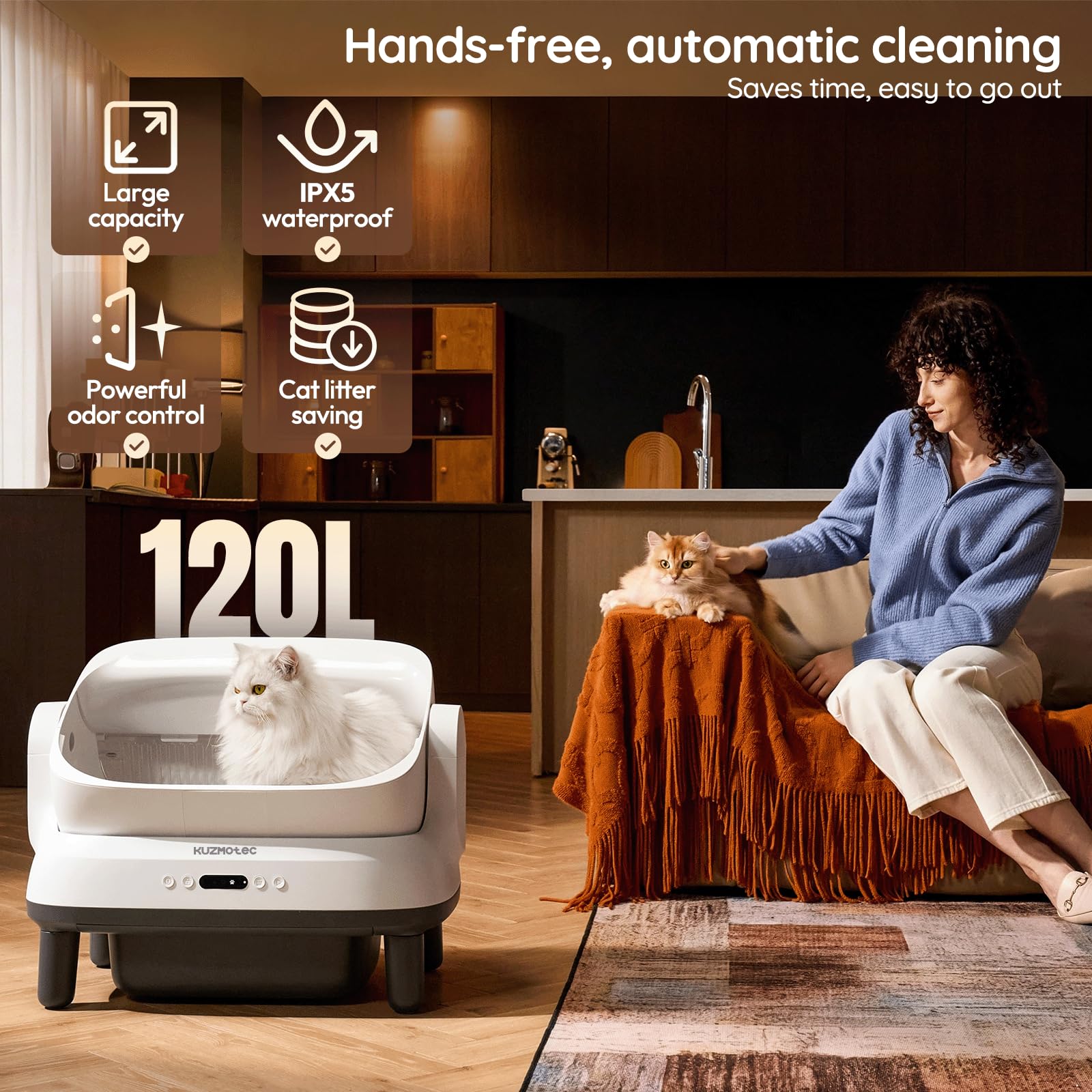 Litière Auto-Nettoyante 120L XXXL, Bac à Litière Automatique avec Application & Élimination des Odeurs, Litière Électrique pour Chat avec Protection 8-en-1, Idéal pour Grands Chats & Foyers Multi-Chat