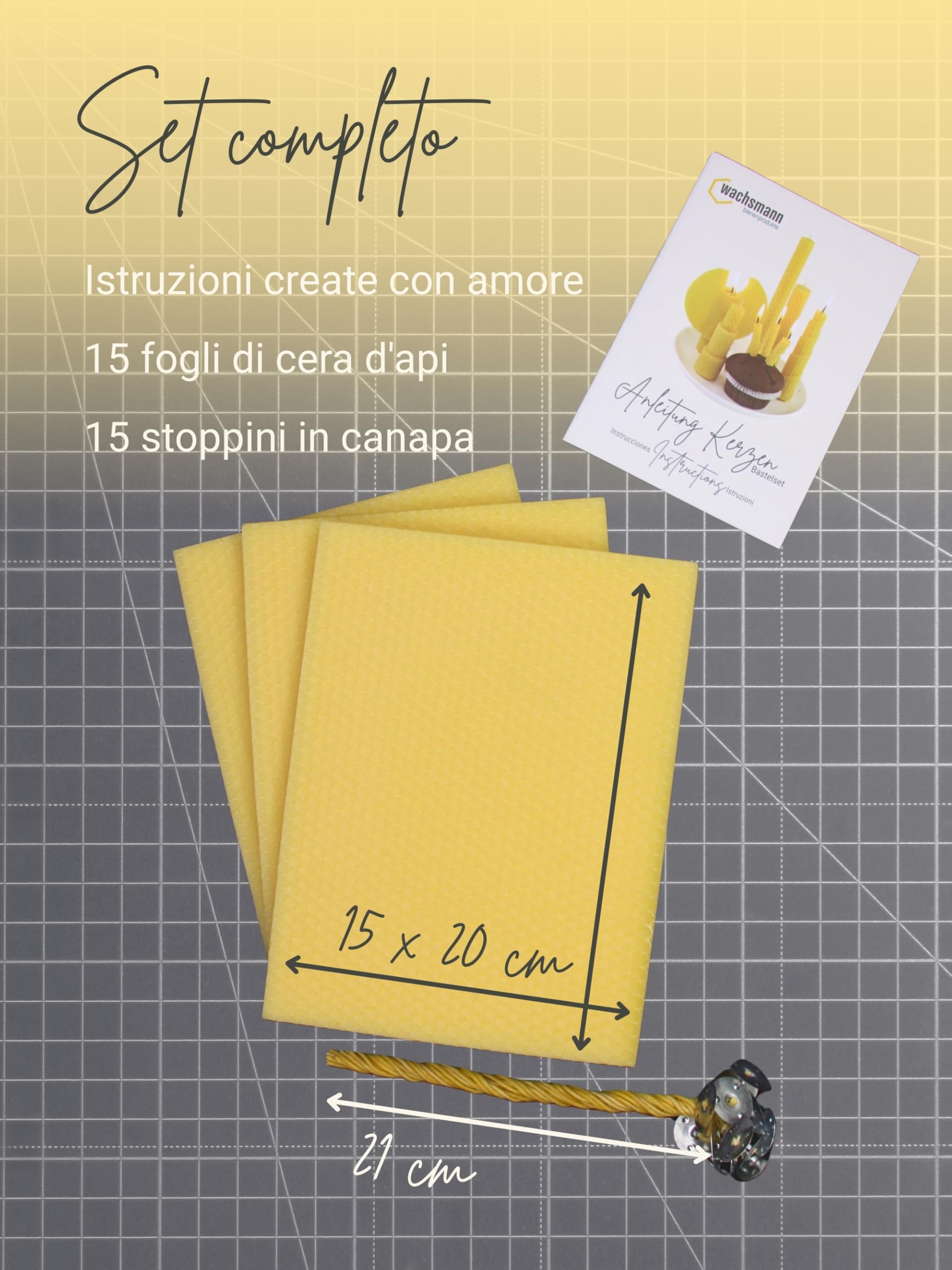 Wachsmann 100% pura cera d'api dalla Germania, set di candele fai da te, 15 lastre di cera d'api (15 x 20 cm) con stoppini di canapa per 15 candele di cera d'api, stoppini da 21 cm, candele