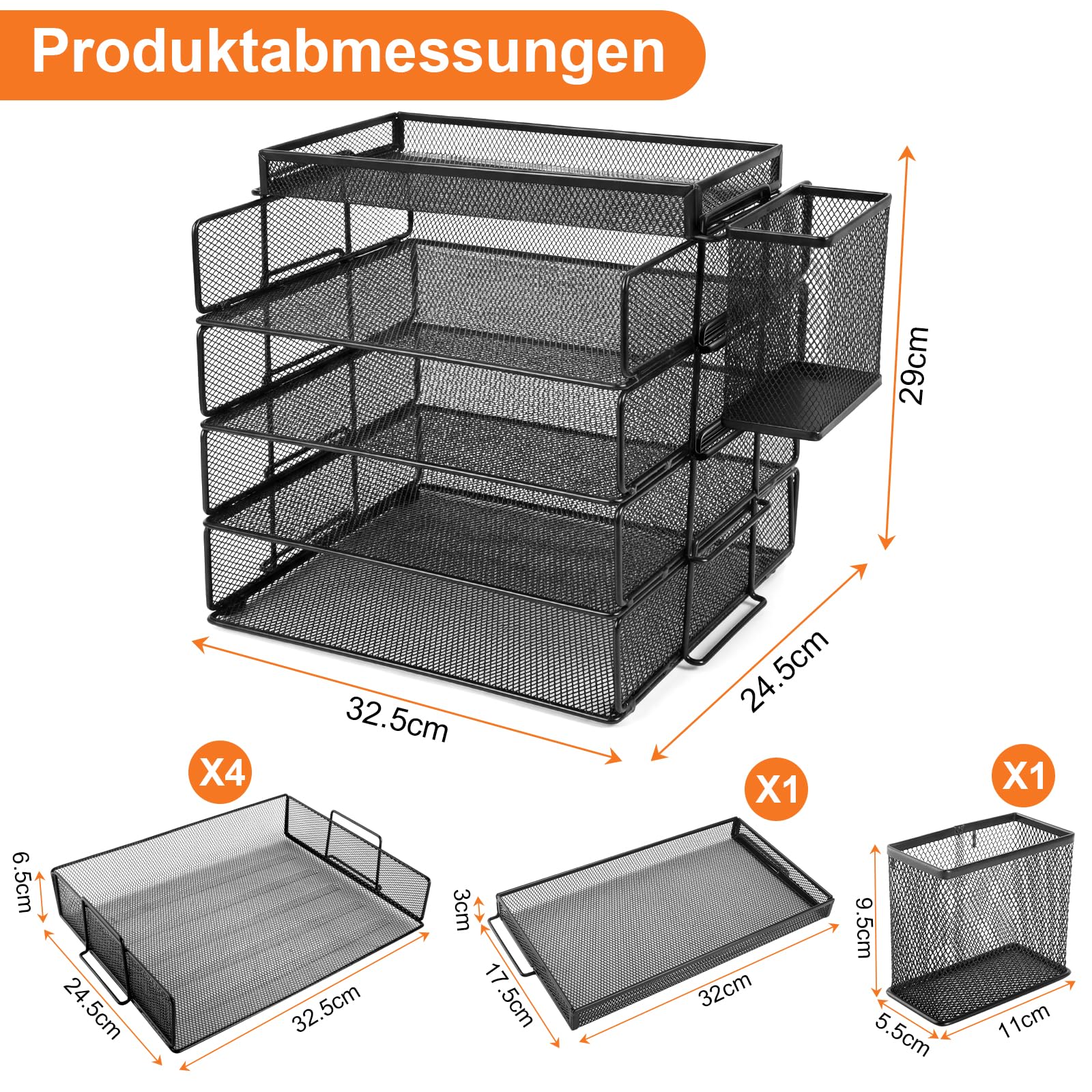 Briefablage a4 stapelbar, Schreibtisch Organizer mit 4 fächern und stiftehalter, Organizer büro aus Metall, formstabil & wackelfrei,ideal für Ordner, Briefe und Dokumente (schwarz)