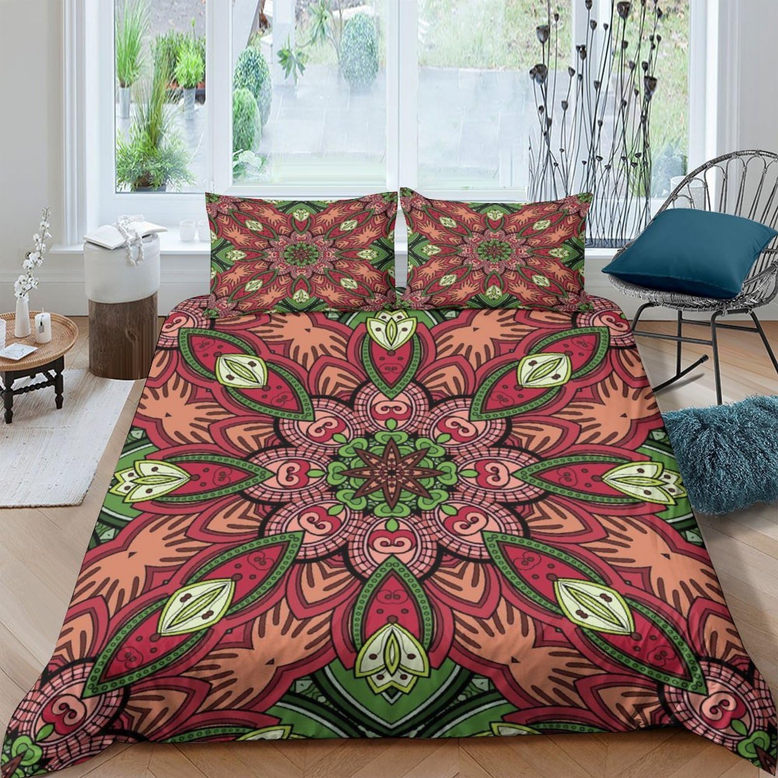 TUFRTGYHN 3D Printed Mandala Floral Duvet Cover Microfiber Soft Boho Pattern Bedding Set with 2 Pillowcases, Breathable All Seasons for Home Bedroom Single（135x200cm）