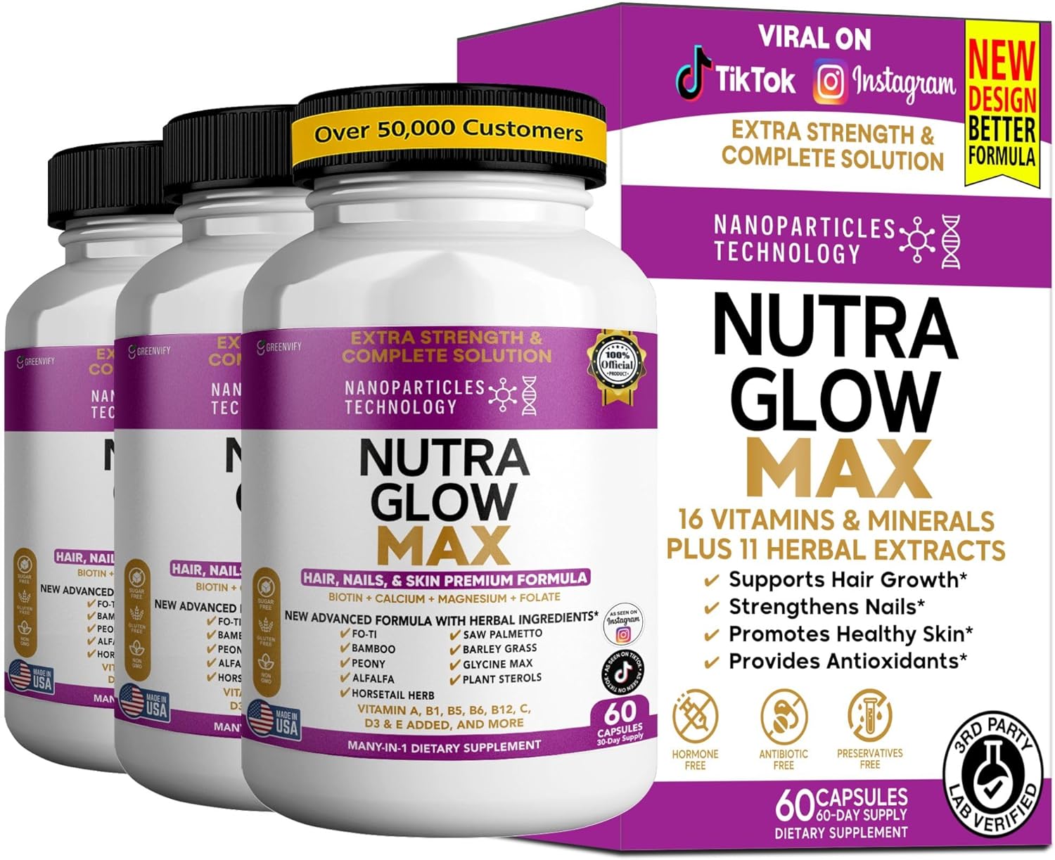 Nutra Glow Max Hair, Nails & Skin Formula, Biotin, Folate, Magnesium, 60 Capsules (3)