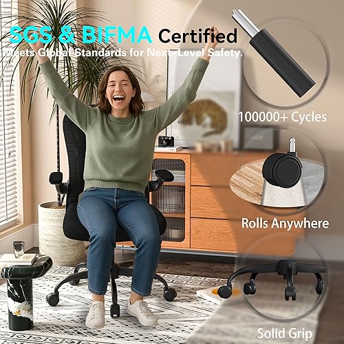 Miniatura 5 de Silla de escritorio de oficina con soporte lumbar ergonómico, cojín de asiento extra grueso, brazos abatibles, respaldo de malla transpirable, silla