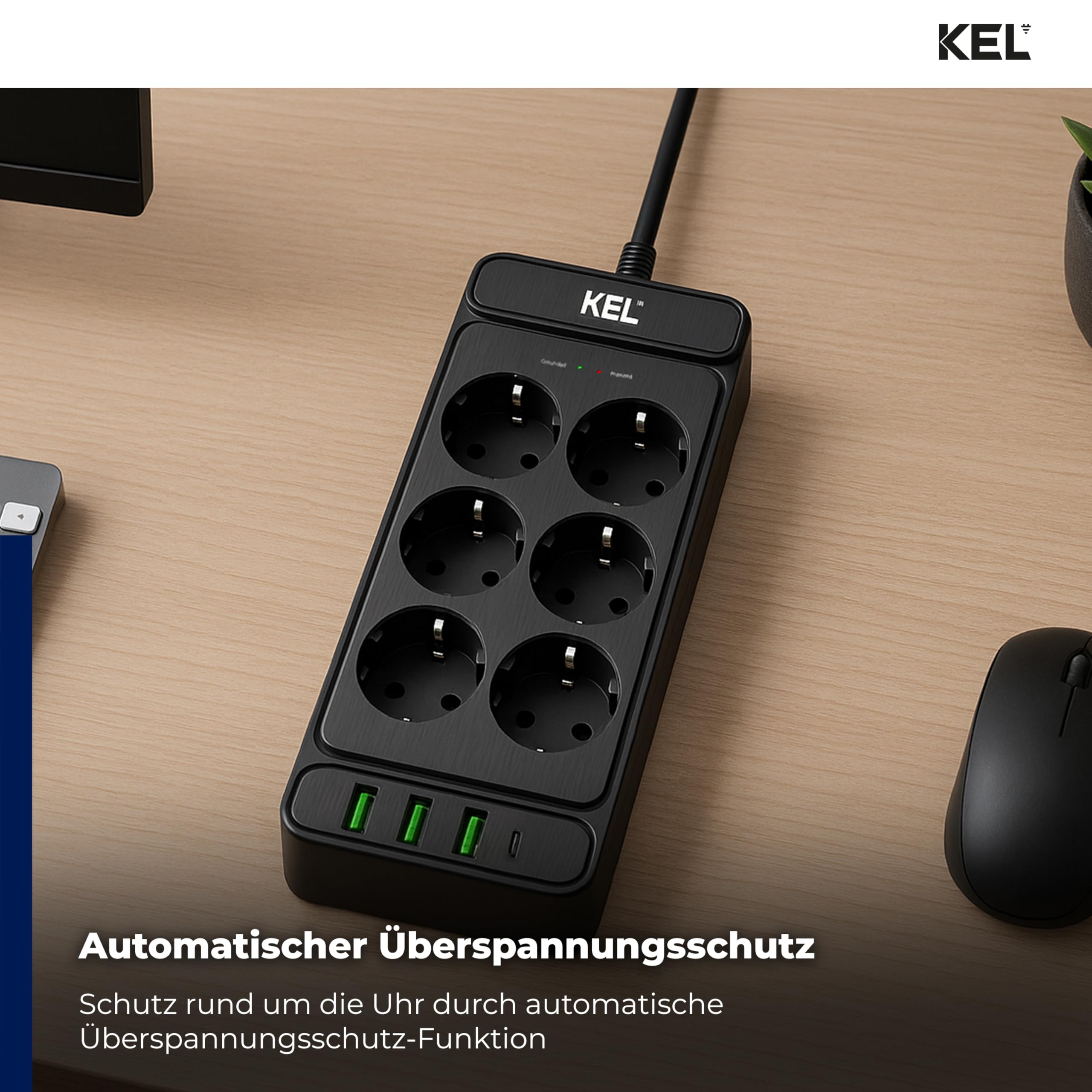 KEL Steckdosenleiste Mehrfachsteckdose Überspannungsschutz - 6 Steckdosen - 2p+Z USB A USB C 2 m Schwarz