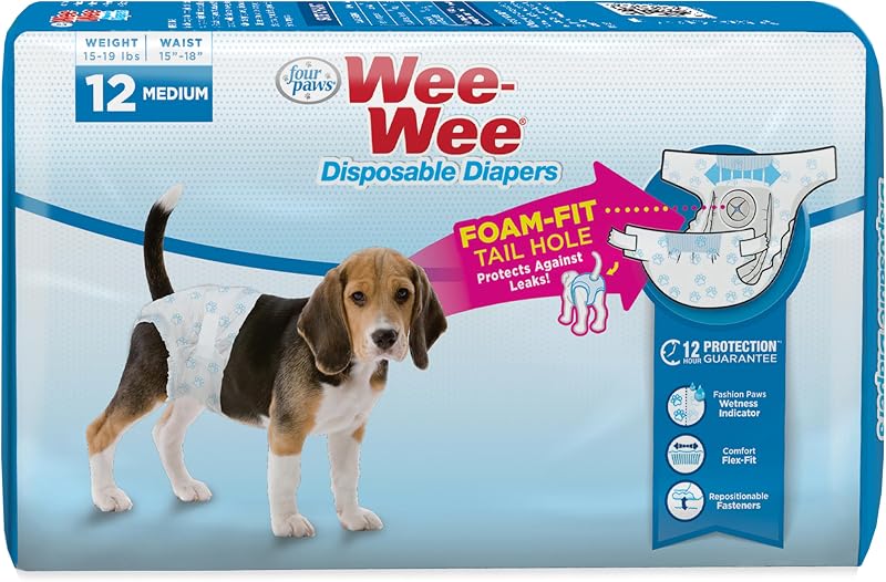 Fraldas descartáveis para cães Four Paws Wee-Wee com ajuste para cauda, tamanho Médio, pacote com 12