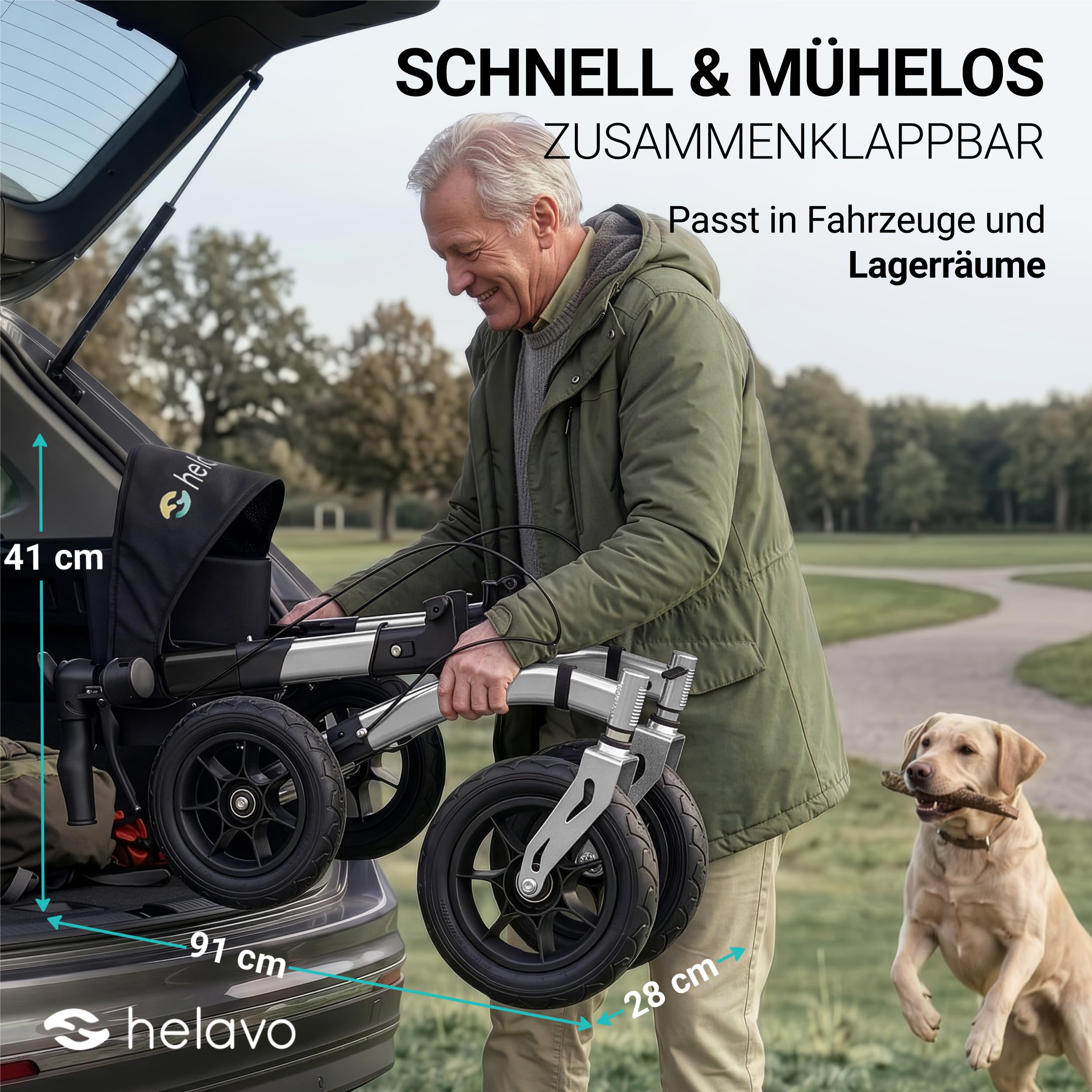 Helavo Rollator mit Pannensicheren Vollgummireifen für Draußen - Faltbarer Aluminium Outdoor-Rollator mit Sitz - Maximale Mobilität & Komfort im Außenbereich | 12" Vollgummibereifung für maximalen Komfort - Faltbarer Aluminium-Rollator für Draußen - Mit S