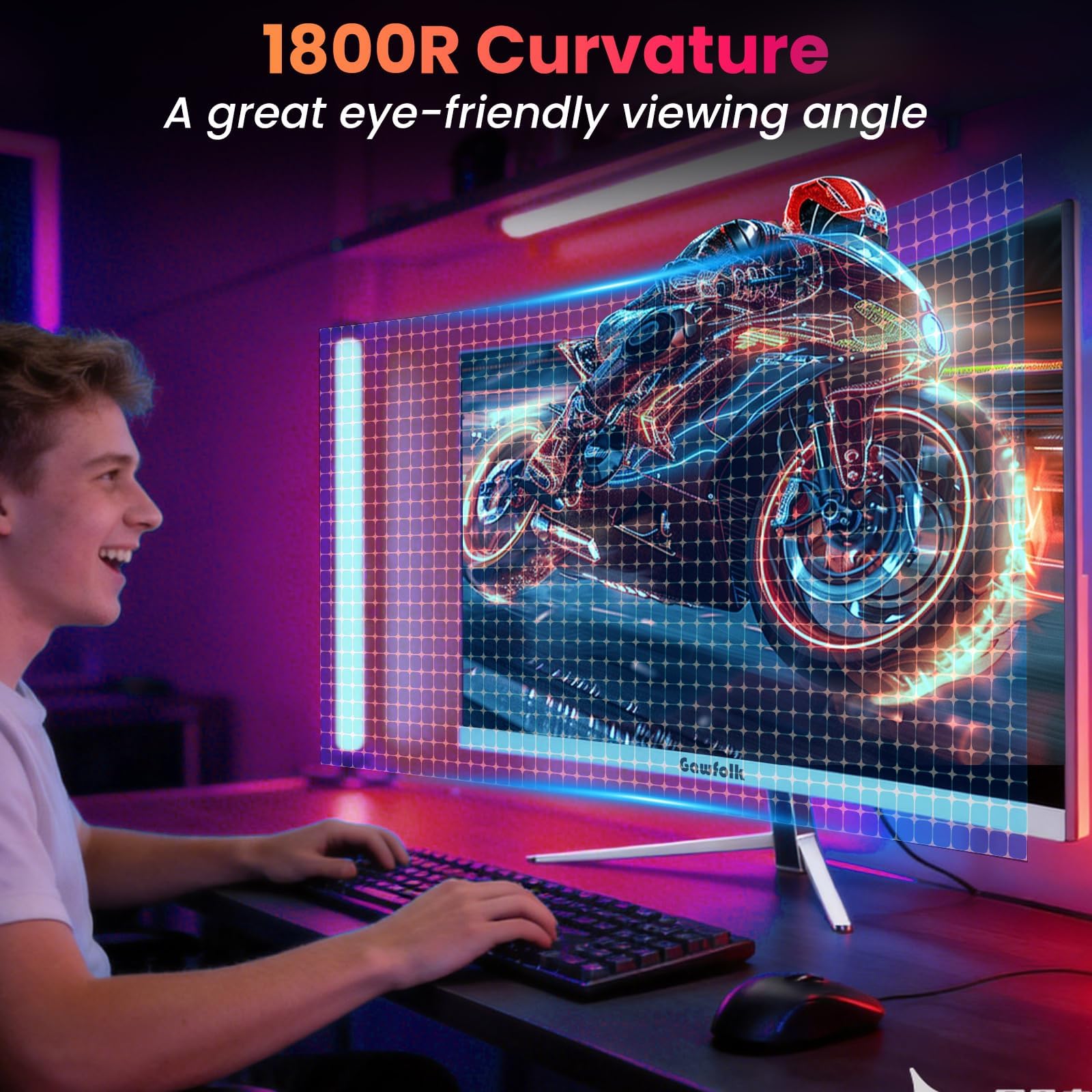 Gawfolk Monitor Gaming Curvo 27" 180Hz | Schermo FHD 1800R | AMD FreeSync | Protezione Occhi | HDMI/DP