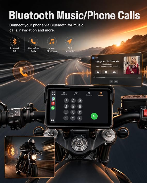 Hodozzy 5 Inch Motorcycle Carplay Screen - Wireless CarPlay & Android Auto, IP68 Waterproof IPS Touch Screen, Bluetooth Hands-Free Call/Music, GPS Navigation, Portable Motorbike Stereo