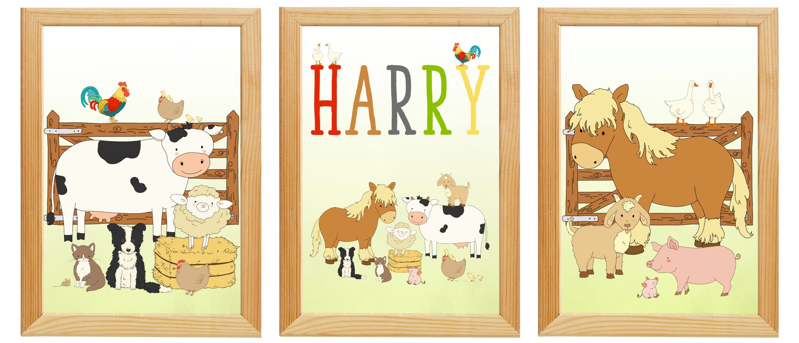Bunting & Beau Farm Animals Baby Nursery Prints,Childrens Bedroom Prints,Wall Decor,Personalised Set of 3 A4 Unframed Farm Animal Prints, Nursery Decor Wall Art