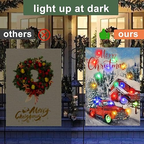 Miniatura 4 de Bandera de jardín de Navidad iluminada, bandera LED solar para camión, bandera de arpillera de doble cara de 2 capas para patio, bandera de Feliz