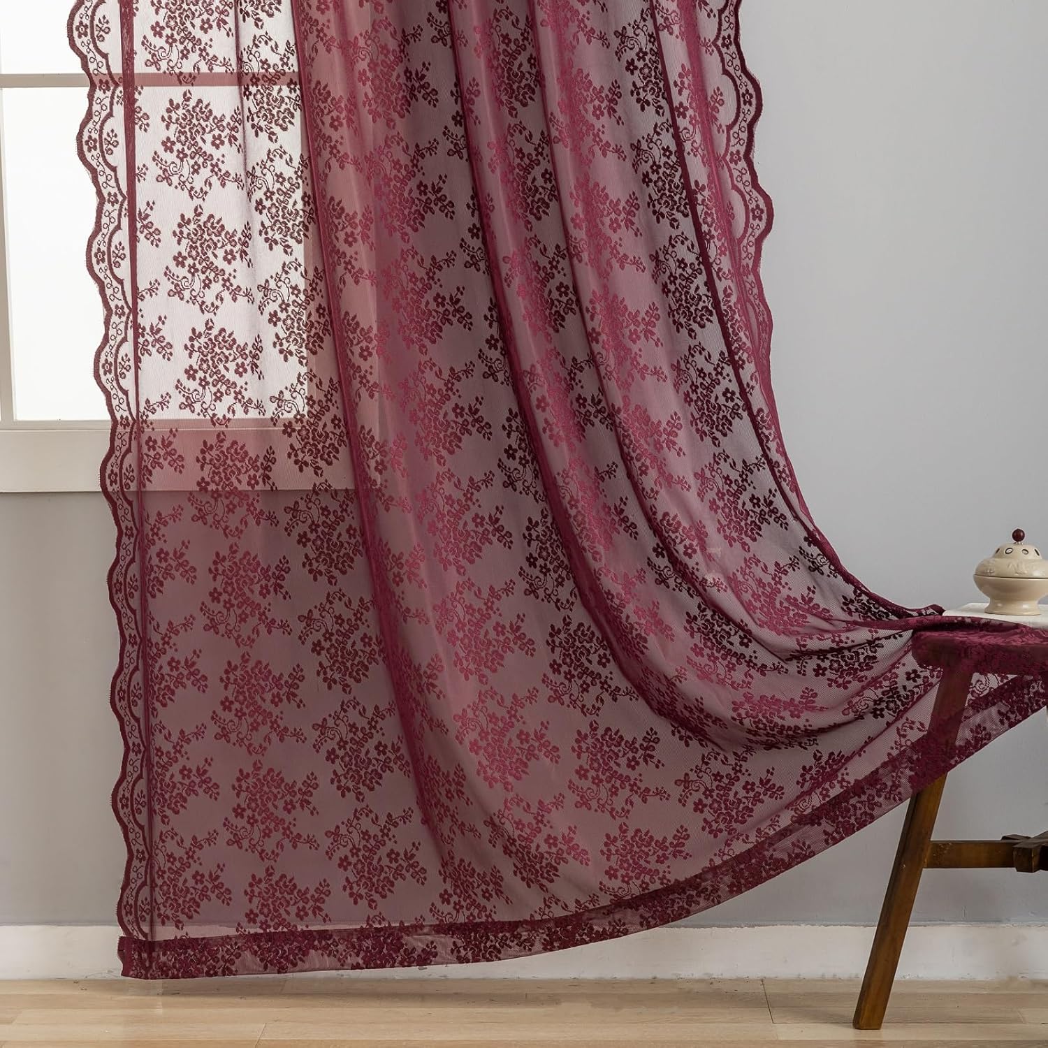 YJ YANJUN Dark Lace Maroon Curtains 72 Inch Length for Bedroom Retro Vintage Floral Voile Curtains Rod Pocket Privacy Farmhouse Modern Sheer Curtains with Scalloped Edges 60s 70s Decor Deep Wine
