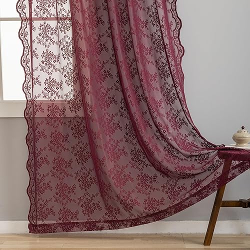 YJ YANJUN Cortinas de encaje oscuro granate de 72 pulgadas de largo para dormitorio, cortinas retro vintage de gasa floral, bolsillo para barra,