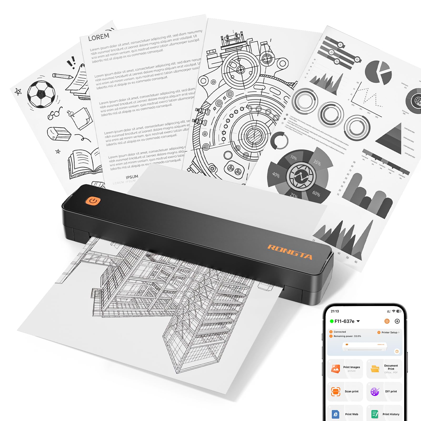 Rongta Stampante termica senza inchiostro F11B, connessione wireless Bluetooth, supporta lettere A4 e USA, viene fornito con 8 carte termiche
