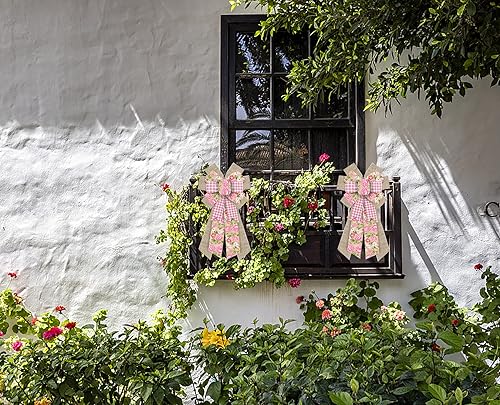 Miniatura 5 de Arcos grandes de corona de primavera, rosas rosas, flores, arcos de arpillera para corona, lazos de cinta marrón a cuadros rosa y blanco, lazos de