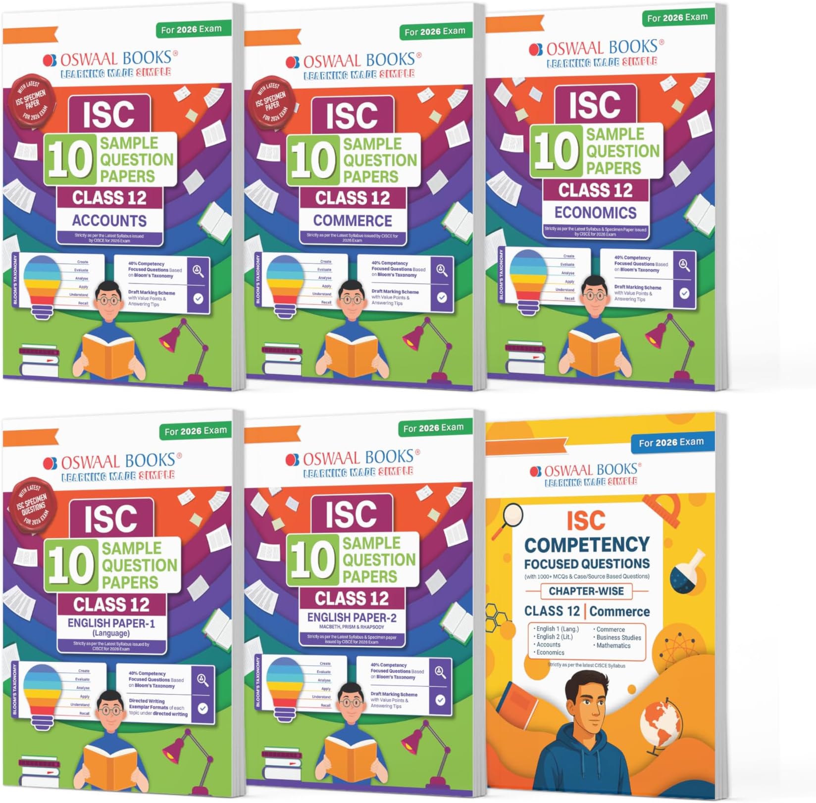 Oswaal ISC Class 12, 10 Sample Question Papers + Competency Focussed Questions Accounts, Commerce, Economics, English-1, English-2 (Set of 6 Books) for 2026 Board Exams