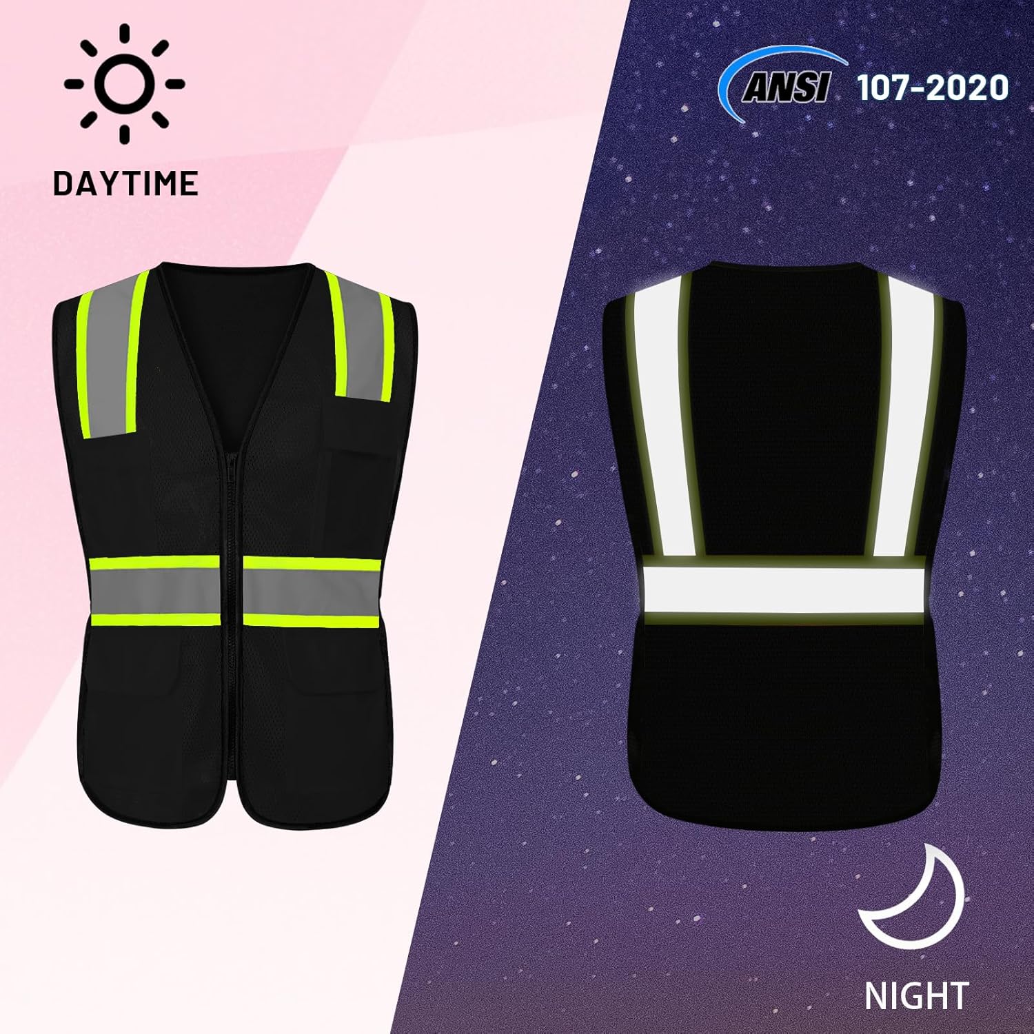Black Safety Vest for Women, High Visibility Reflective Vest, Neon Hi Vis Work Apparel with Pockets and Zipper, Durable, ANSI Compliant, Black, M - Image 2
