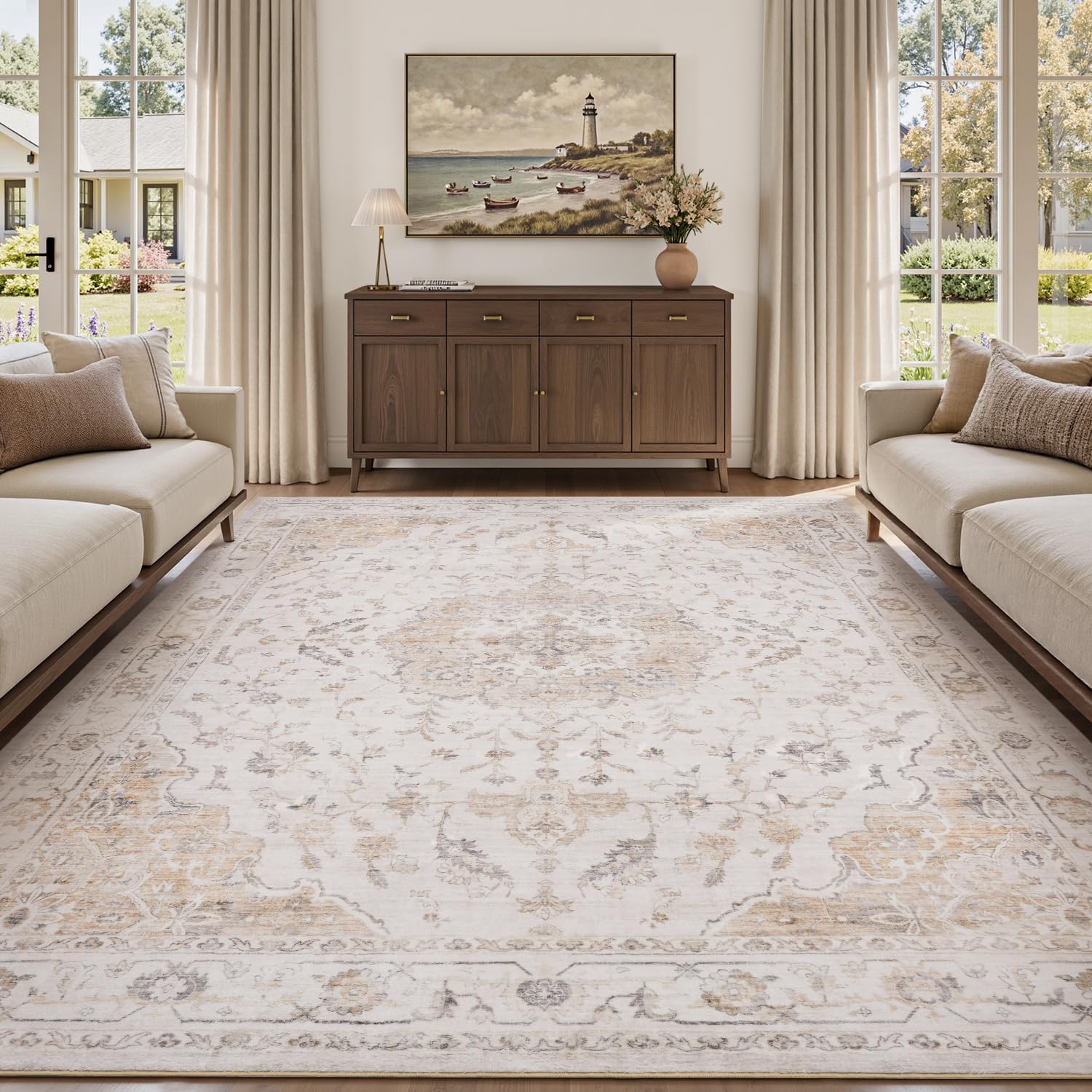PADOOR-Vintage Area Rug 9X12 Rugs for Living Room-Soft Beige Rugs for Bedroom-Machine Washable Rug Non Slip Carpet-Rug for Dining Room Living Room Bedside Office
