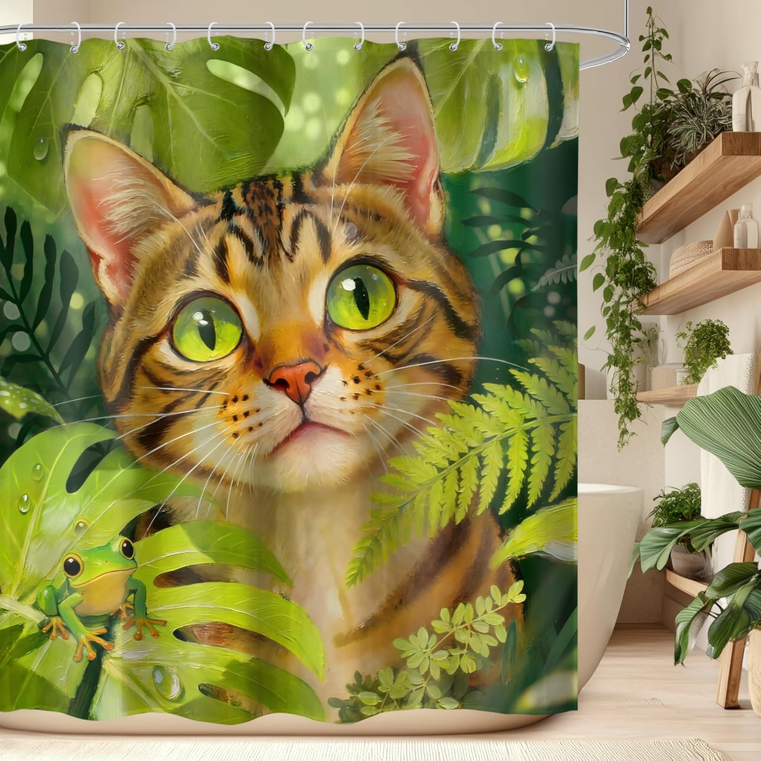 LIGHTINHOME Cute Cat Shower Curtain 60Wx72H Inches Funny Kitten Frog Green Tropical Palm Leaf Plant Animal Botanical Nature Cloth Fabric Waterproof Polyester Bathroom Home Decor Set with Hooks