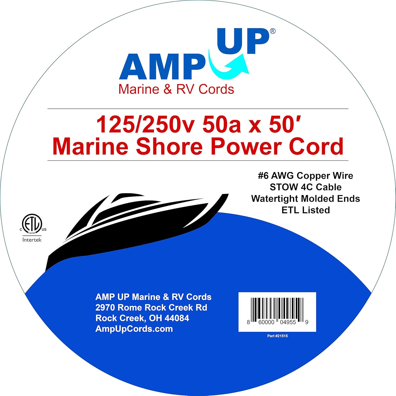 Amp Up Marine & RV Cords 125/250v 50 amp x 50' Marine Shore Power Boat Extension Cord, 50 ft - 21515 : Sports & Outdoors