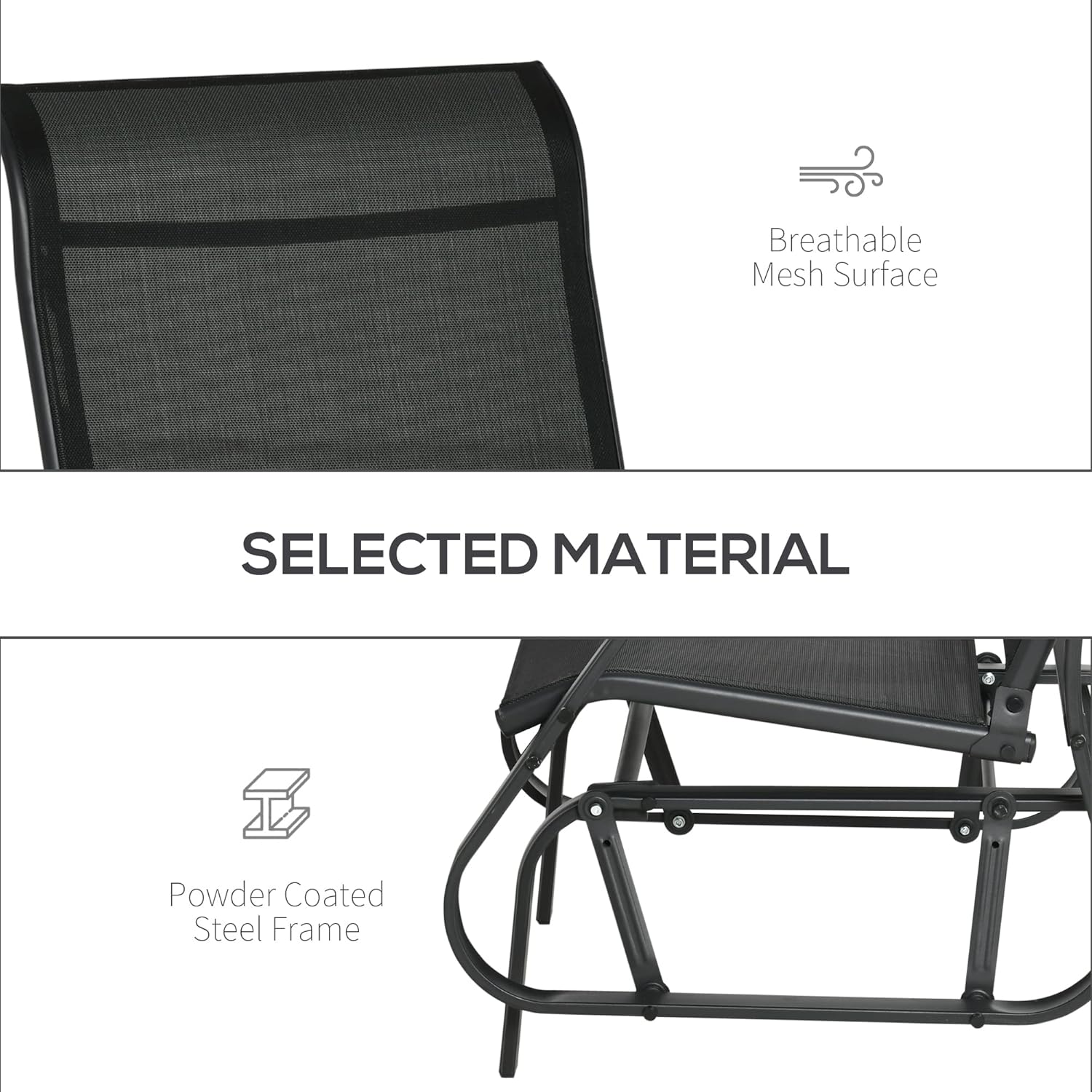 Outsunny 4 Pieces Gliders Set, Outdoor Furniture Sets with 2-Person Glider Patio Bench, Single Sling Chair and Glass Coffee Table for Backyard, Lawn and Garden, Black