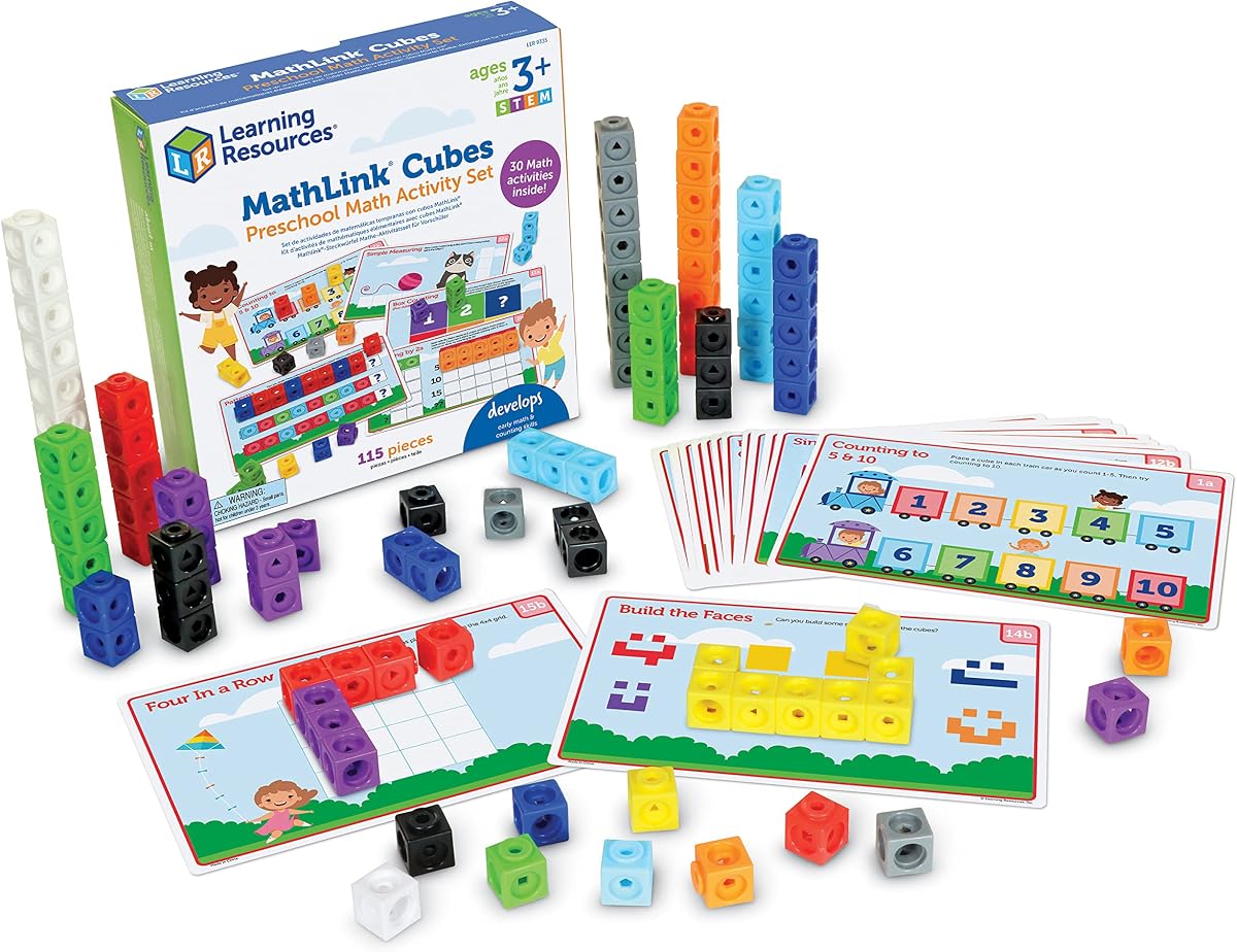 MathLink Cubes Juego de actividades de matemáticas preescolares: artículos imprescindibles para el aula, suministros escolares para profesores, juguetes Montessori para niños pequeños, bloques de construcción, manipulativos matemáticos, juegos de escuela en casa