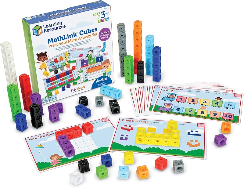 MathLink Cubes Juego de actividades de matemáticas preescolares: artículos imprescindibles para el aula, suministros escolares para profesores, juguetes Montessori para niños pequeños, bloques de construcción, manipulativos matemáticos, juegos de escuela en casa