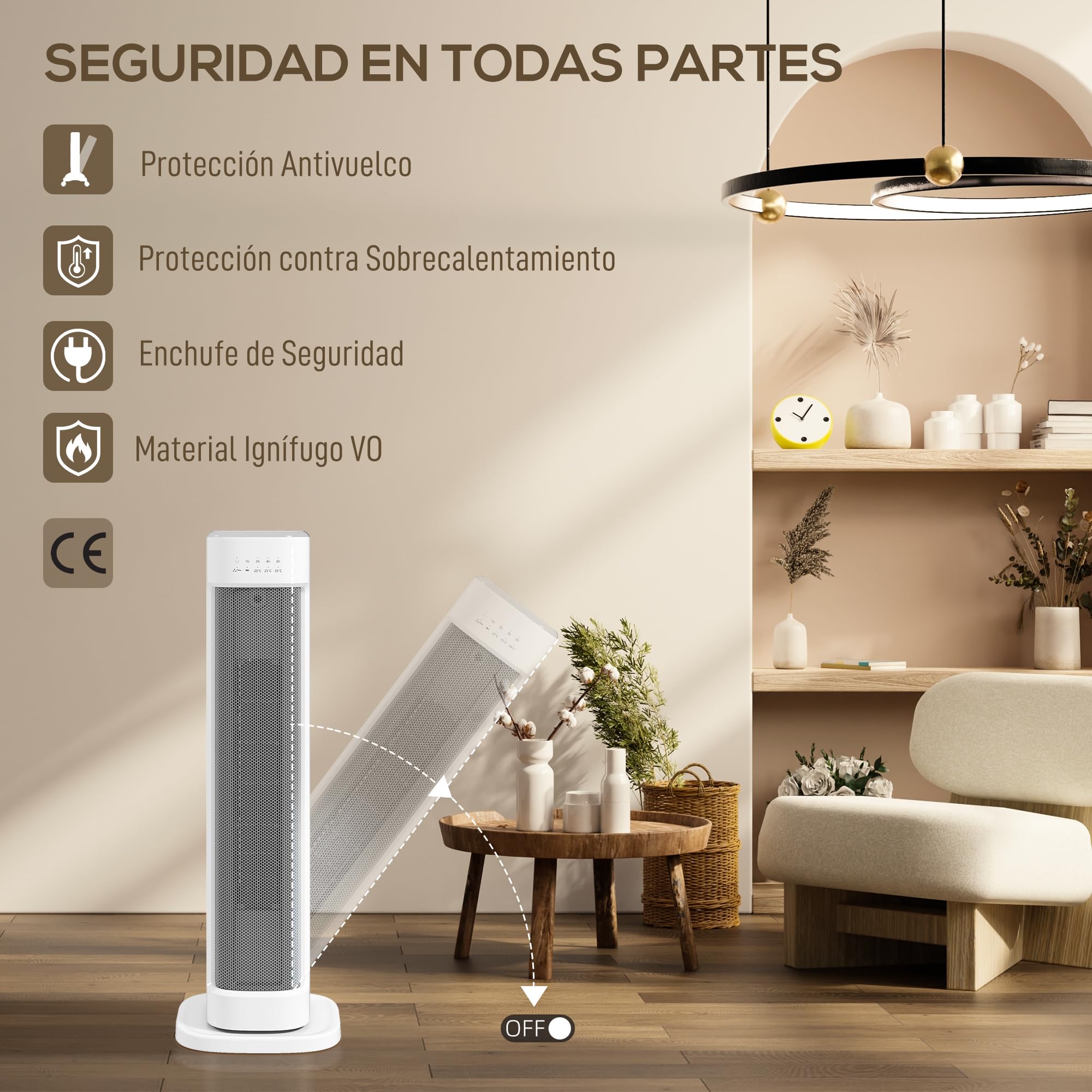 HOMCOM Calefactor Eléctrico Bajo Consumo 2000W PTC Termoventilador Blanco | 3 Modos, Termostato Regulable, Temporizador, Protección contra Vuelcos y Sobrecalentamiento, Control Remoto para 15-20㎡