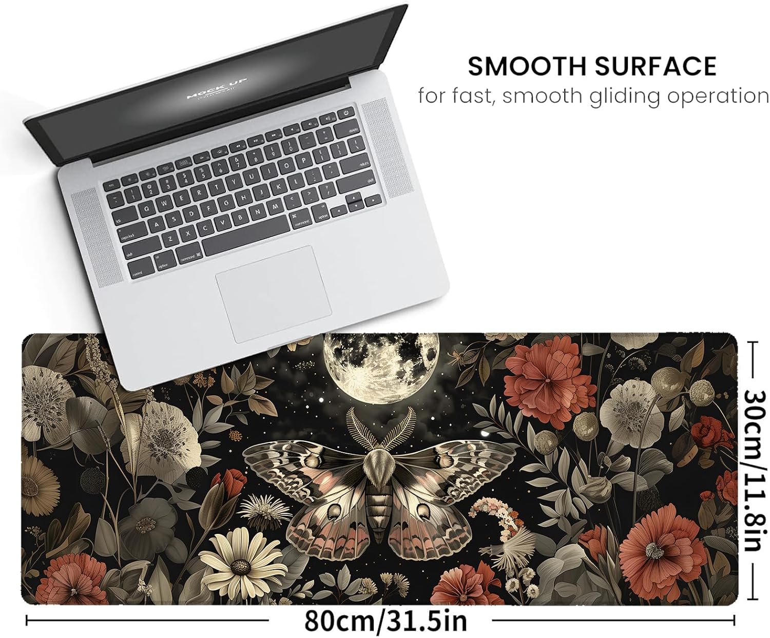 Moth Large Gaming Mouse Pad,Moon Night Desk Mat,31.5x11.8x0.12in Extended Non-Slip Rubber Mystical Botanical Mousepad,Computer Deskmat Gifts,Laptop Mice Pads Decor for Home Office image 2