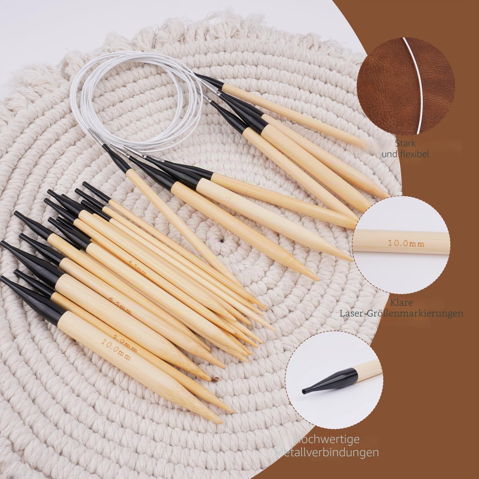 WAZAIGUR Austauschbares Rundstricknadel-Set aus Bambus mit Etuigrößen 3,5 mm, 3,75 mm, 4 mm, 4,5 mm, 5 mm, 5,5 mm, 6 mm, 6,5 mm, 7 mm, 8 mm, 9 mm, 10 mm, 12 Paar, 4 Kabel