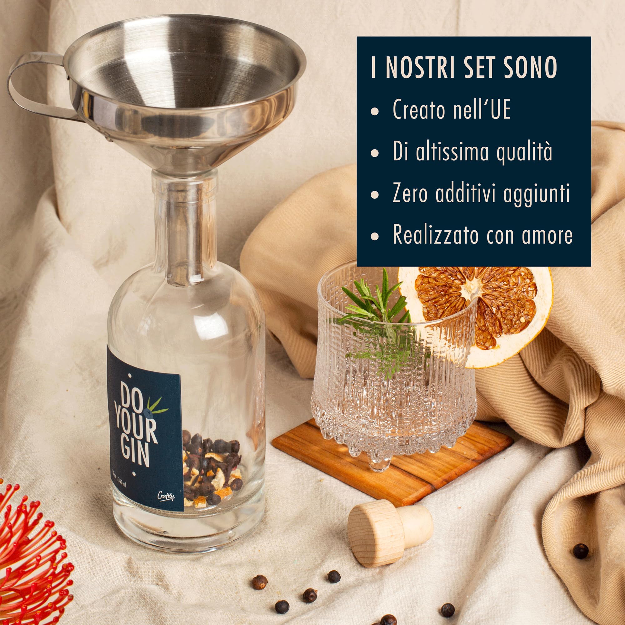 Kit Infusione Gin by Craftly | Kit per la preparazione di cocktail | Regalo Bartender | Regali di compleanno per lui e per lei | Regali di anniversario per uomini e donne | Spezie e bottiglia