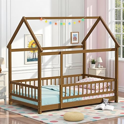 Base de cama Montessori de tamaño individual con listones y valla, cama de madera para niños y niñas, color espresso claro