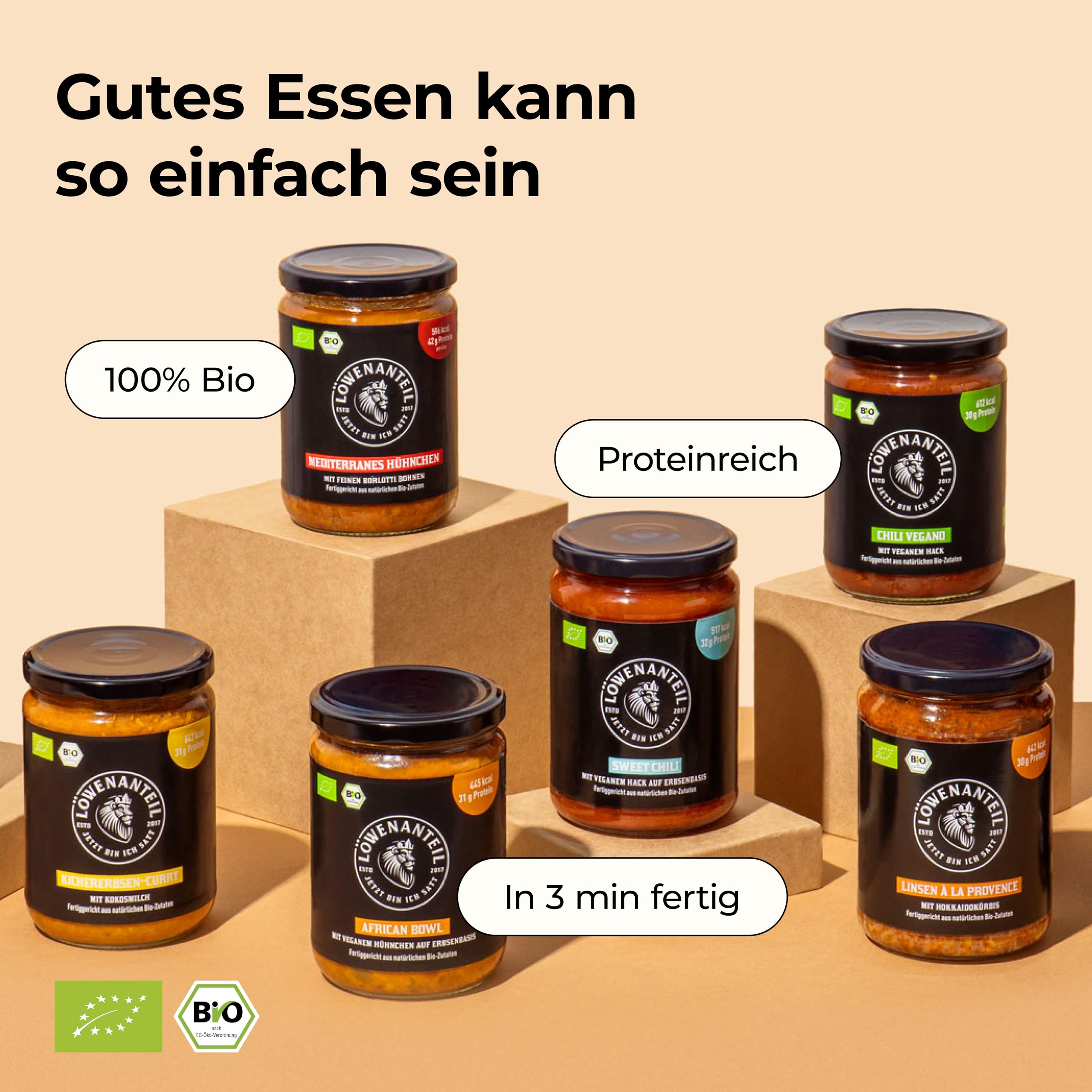 Löwenanteil STARTERBOX 9 proteinreiche Fertiggerichte Bio-Qualität 3 Minuten Ohne Zuckerzusatz
