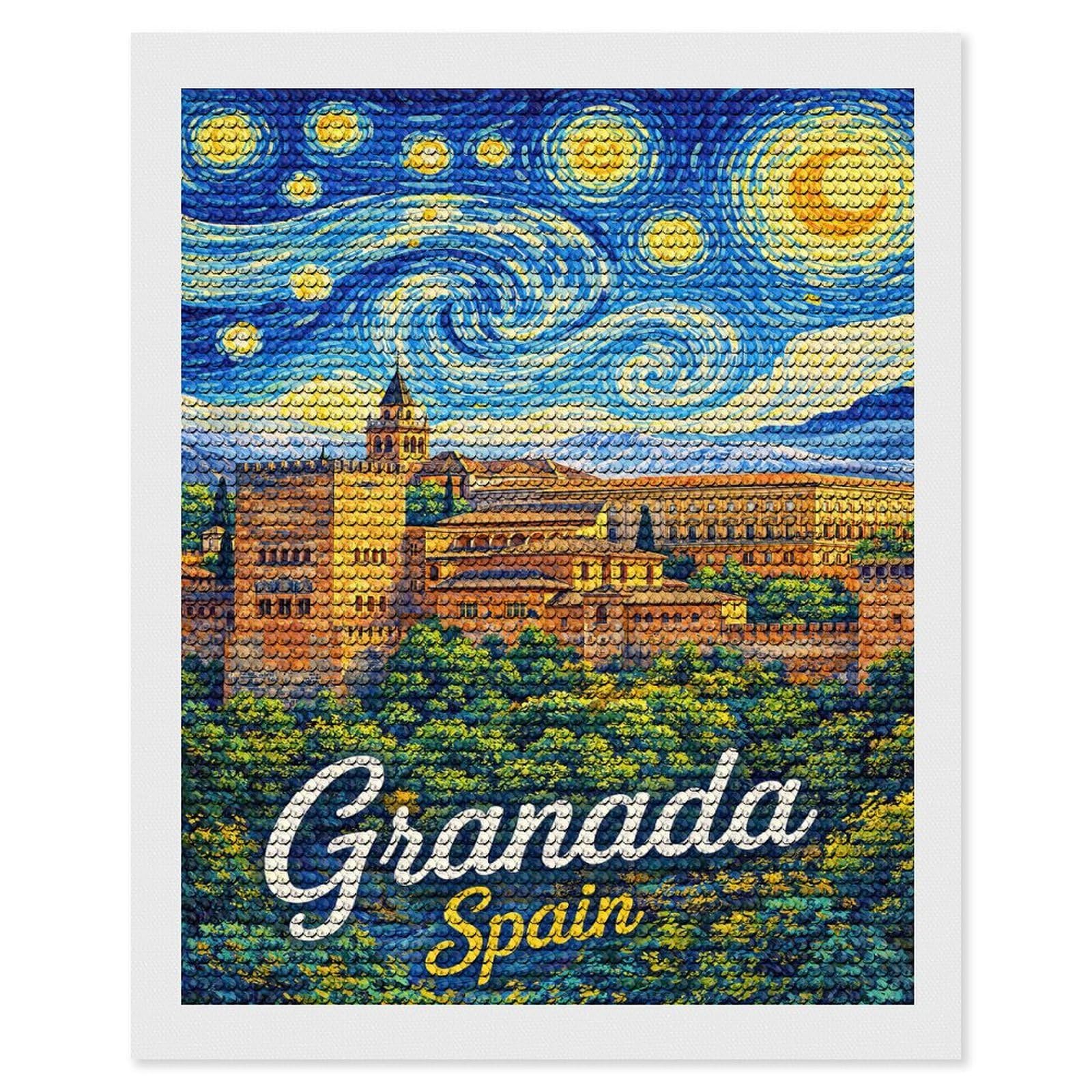 Junmoney Granada Spain Starry Night Painting Diamond Art Canvas 16"x20", for Teens, Nice Detail and Sparkle, Farmhouse Decor, Festive Craft Gift, Easy to Enjoy