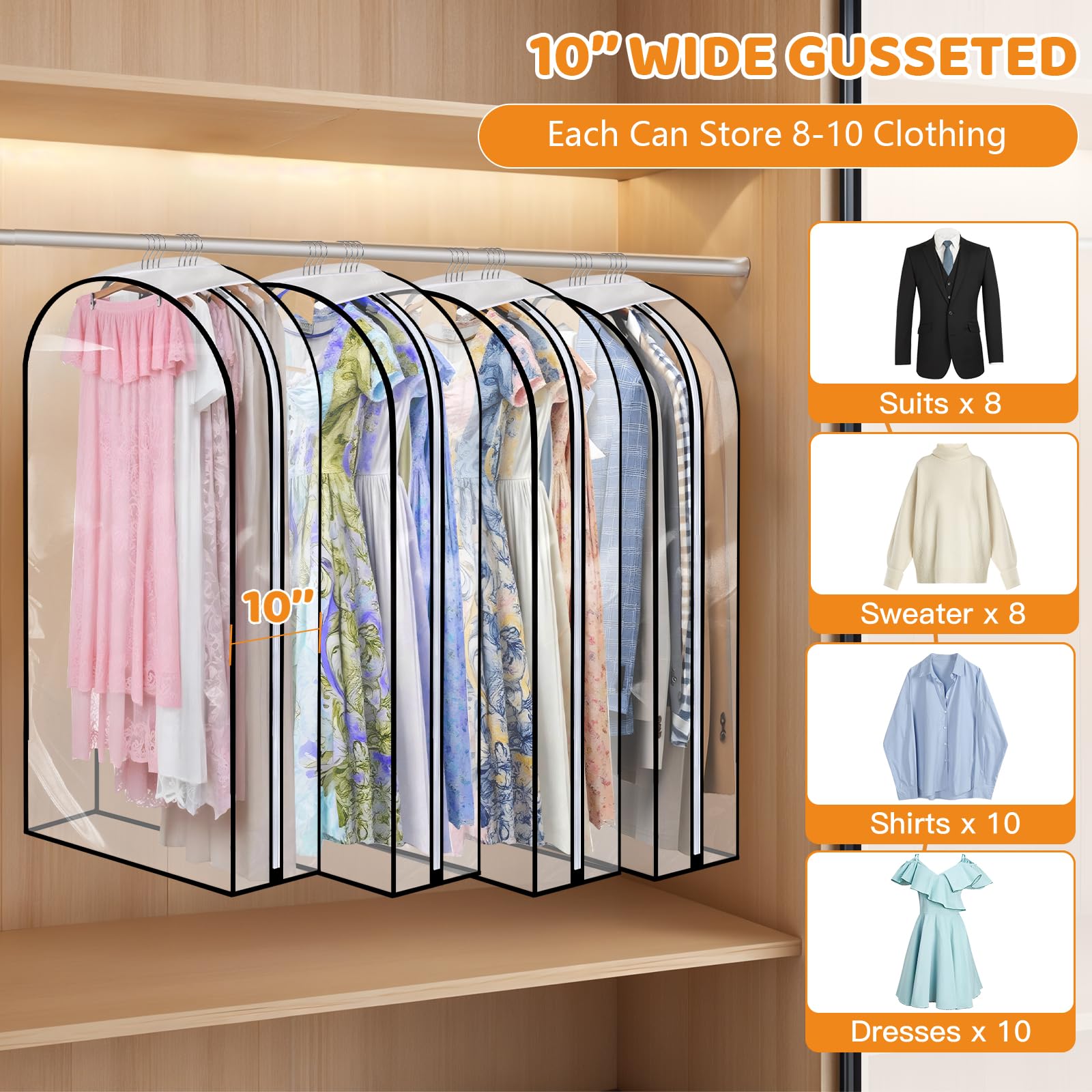 4 Pack Full Clear Garment Bags, 60" Clothes Covers with 10" Gusseted, Transparent Bags for Hanging Clothes Suit Bags - Image 4