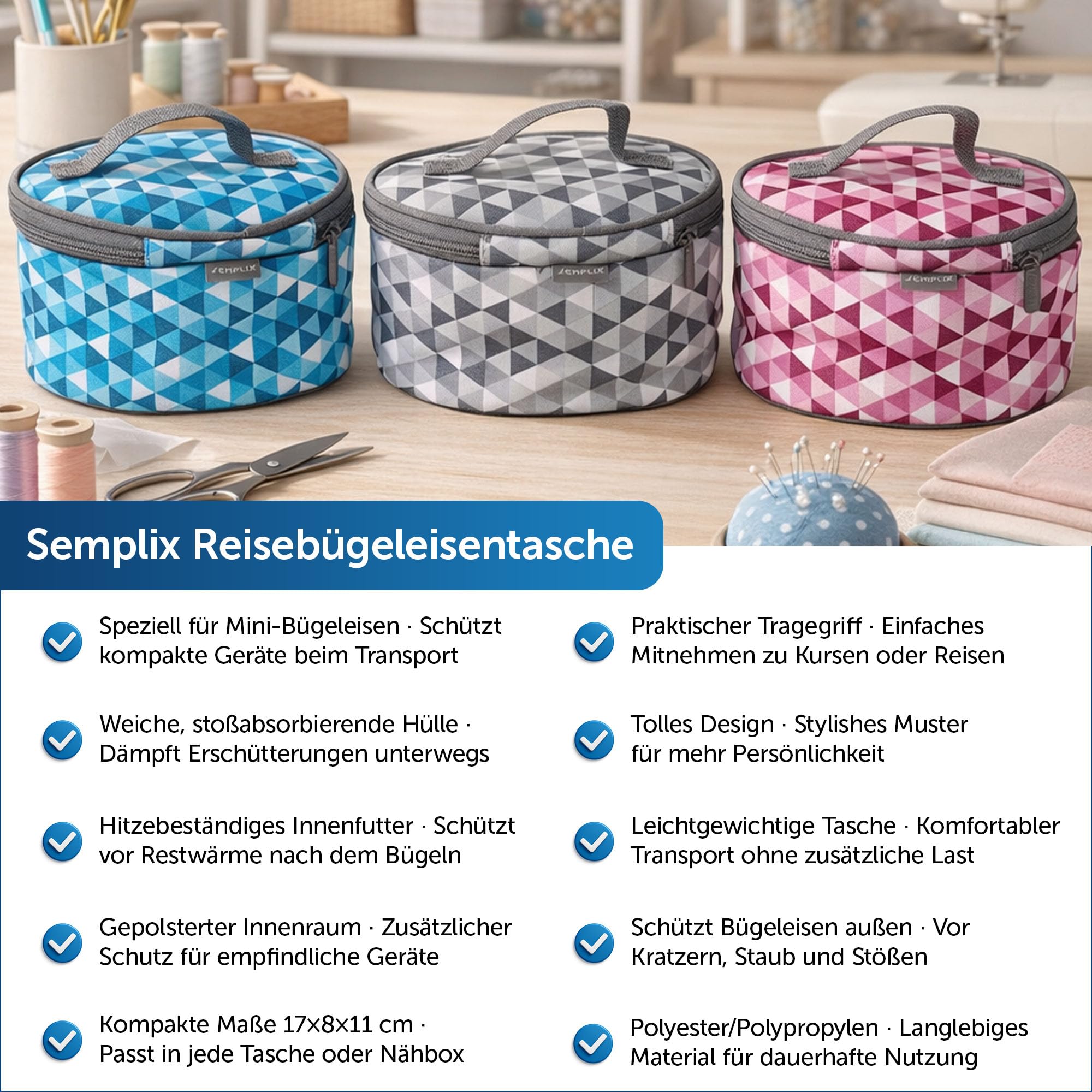 SEMPLIX Mini-Bügeleisen Bundle – Kompaktes Komplettset für Nähen, Quilten & Reisen mit Prym Mini-Dampfbügeleisen, Reisebügeleisentasche und Silikonablage (Diamond Türkis)