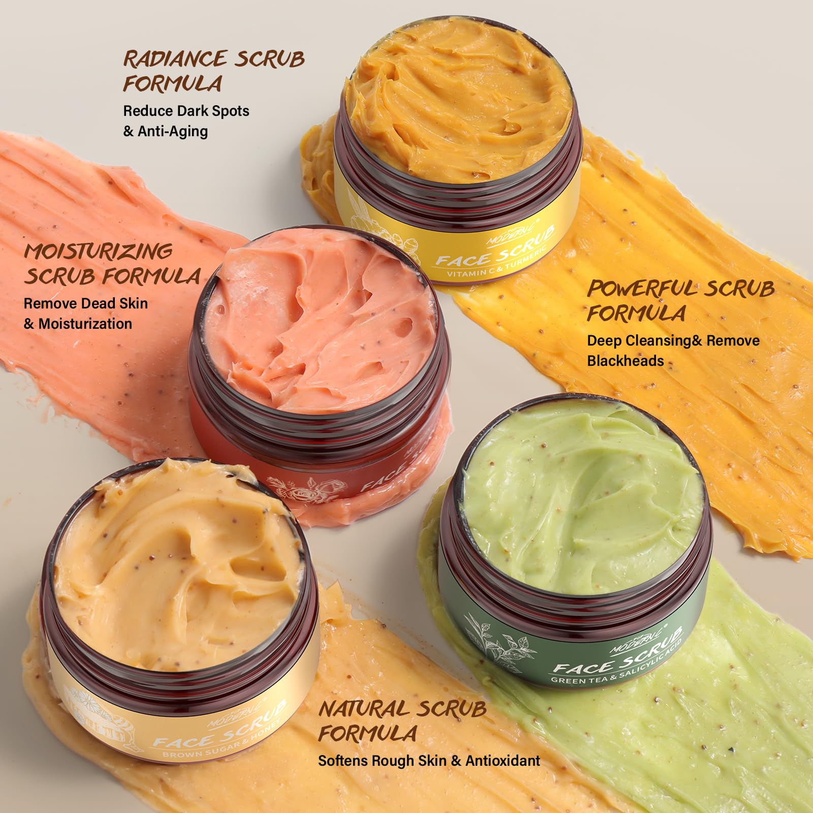 Set de Regalo de Exfoliante Facial, Limpiador Facial Exfoliante, Cúrcuma, Vitamina C, Azúcar Morena, Miel, Té Verde, Ácido Salicílico, Sal del Himalaya, Rosa, Regalo de Cumpleaños y Navidad, 4×100g