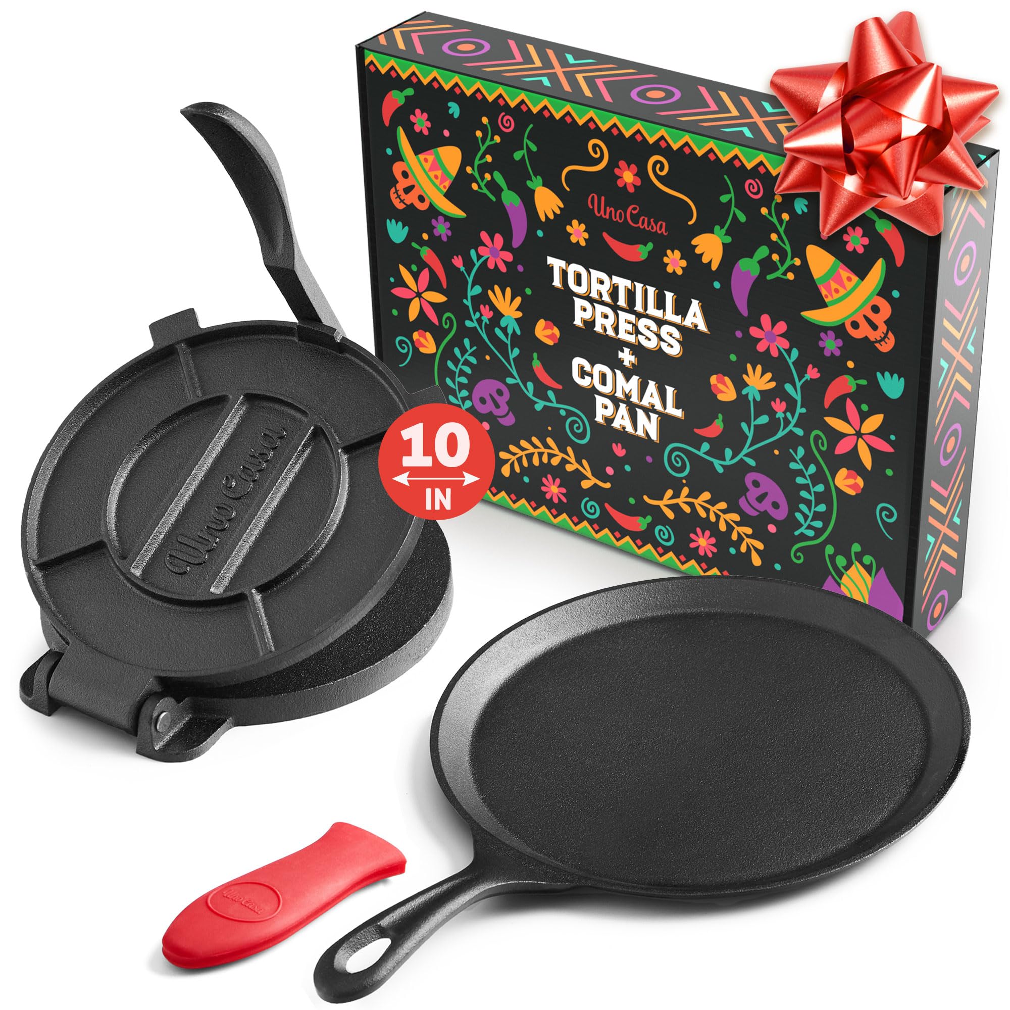 Uno Casa 10 Inch Cast Iron Tortilla Press & Comal Pan Bundle - Non-Stick, Heat-Resistant, Family Size, Gas Stovetop Compatible