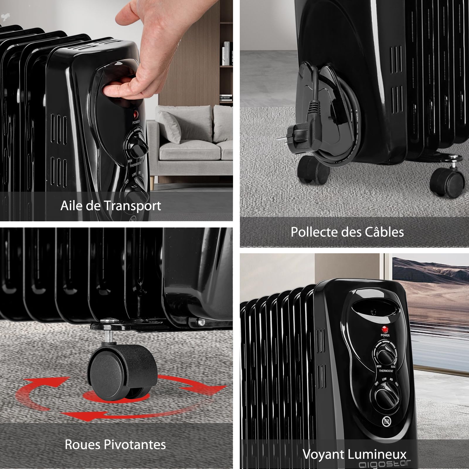 Aigostar Tummie– Radiateur à Bain d’huile Portable. 2300 W. 11 éléments,3 niveaux de puissance et thermostat réglable. Couleur noir. Design exclusif.
