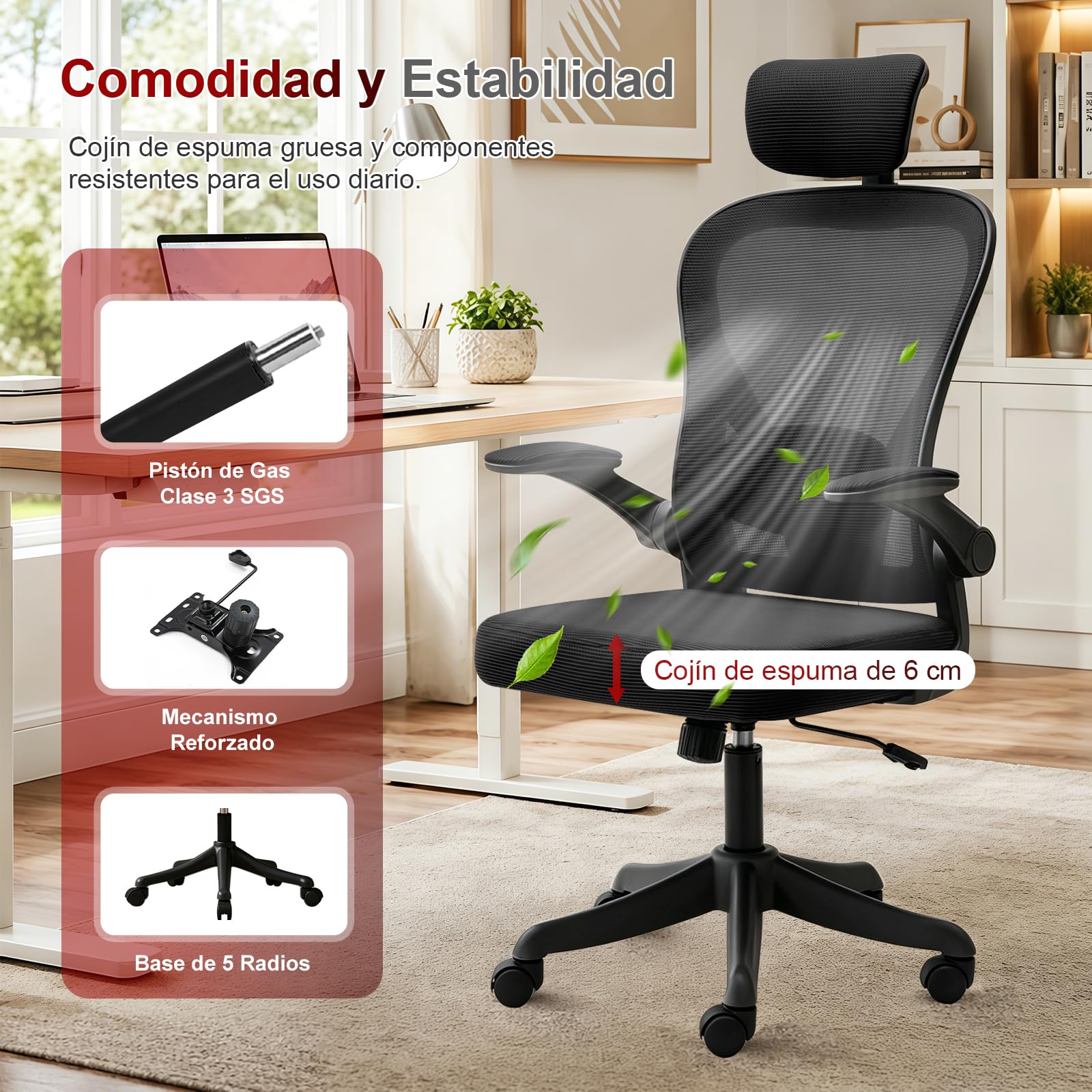 Silla Ergonómica de Oficina con Soporte Lumbar Ajustable, Reposacabezas Regulable y Reposabrazos Abatibles, Silla de Malla para Oficina en Casa, Estudio y Uso Diario, Negra