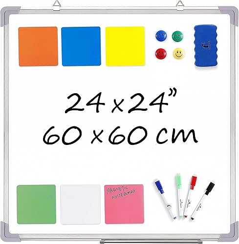 Juego de pizarra blanca Pizarra de borrado en seco de 24 x 24 pulgadas con 1 borrador magnético, 4 marcadores de limpieza en seco, 4 imanes y 6