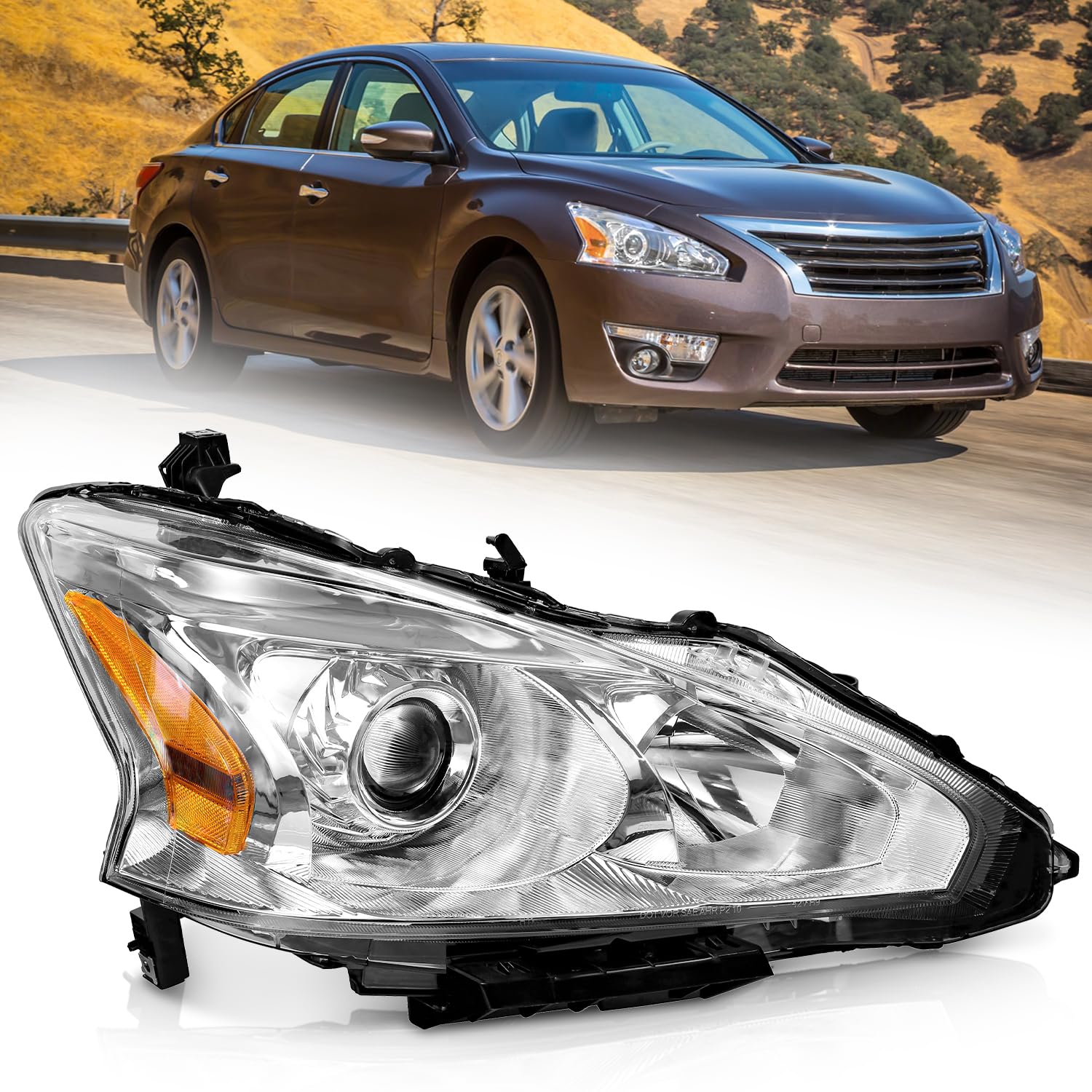 WEELMOTO Headlights Assembly for 13-15 Nissan Altima Sedan, Headlight Replacement for 13-15 Nissan Altima 4-Door Headlamp, Chrome Housing Amber
