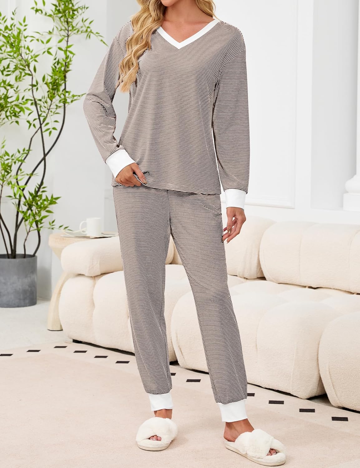 JUSTFASHIONNOW Women's Pajama Sets 2 Piece Striped Lounge Sets Long Sleeve Top and Pants Soft Sleepwear Pjs 2025 Fall Outfits - Image 5