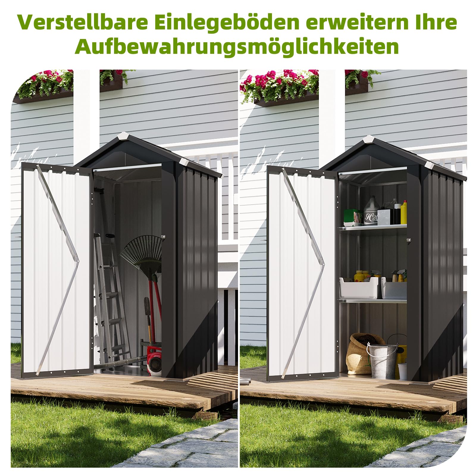 Aoxun Gartenschuppen Metall 88x69x160cm mit Boden & 2 verstellbaren Einlegeböden & geneigtem Dach, kompakter gartenschrank wetterfest Metall mit verschließbarer Tür für Balkon Terrasse Garten