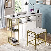 Vista 8 de Mesa de manicura para uñas para tecnología de uñas, mesa profesional de uñas con taburete, colector de polvo, bolsa de polvo y cojín de muñeca, mesa