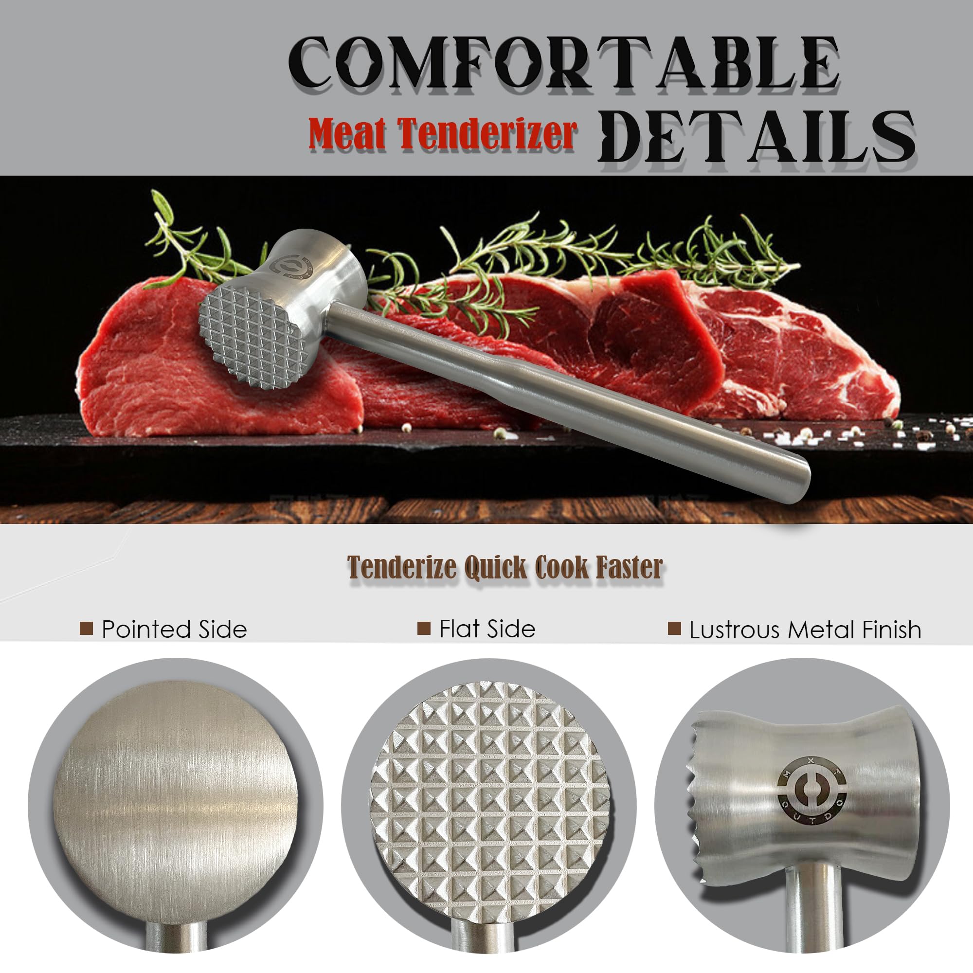 Martillo ablandador de carne de acero inoxidable resistente con mango antideslizante, herramienta de cocina de doble cara para filetes, pollo, carne de res, apto para lavavajillas y diseño