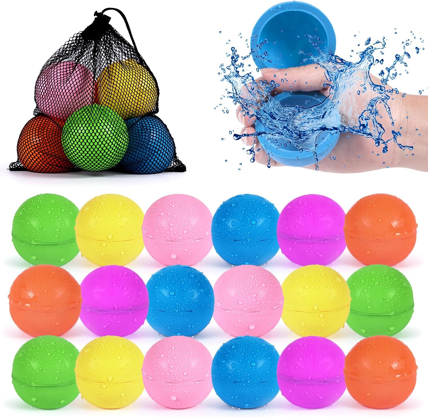 98K Reusable Water Balloons 18 Pcs with Mesh Bag, Pool Beach water Toys for Boys and Girls, Outdoor Summer Toys for Kids Ages 3-12