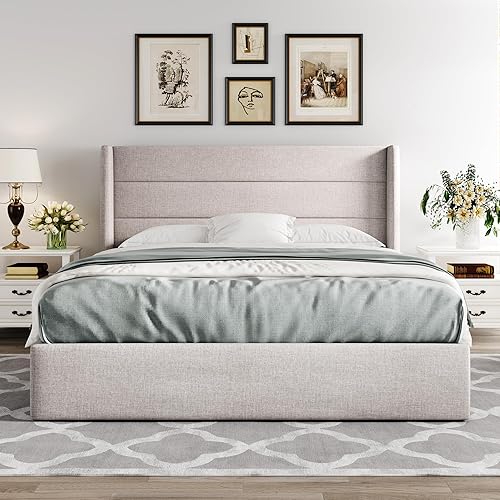 Miniatura 7 de Allewie Cama de almacenamiento elevable tamaño Queen, cabecera moderna con respaldo alado, soporte hidráulico, no necesita somier, color beige claro